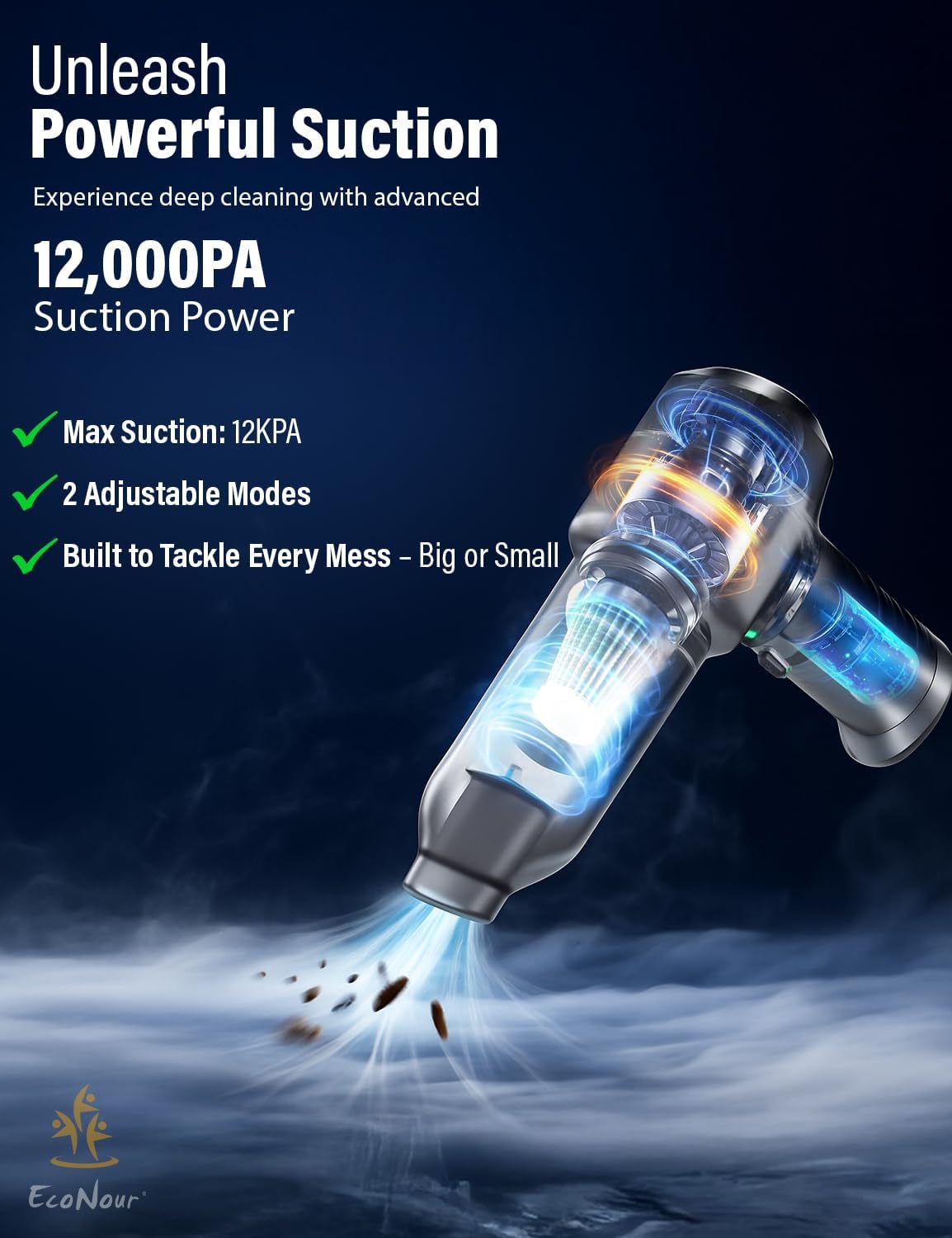 EcoNour Handheld Vacuum Cleaner, Cordless Car Vacuum Cleaner, with Multiple Brush Heads High Power Hand Held Vacuum Cordless, for Office, Home Kitchen, Car,Pet Hair - Grey