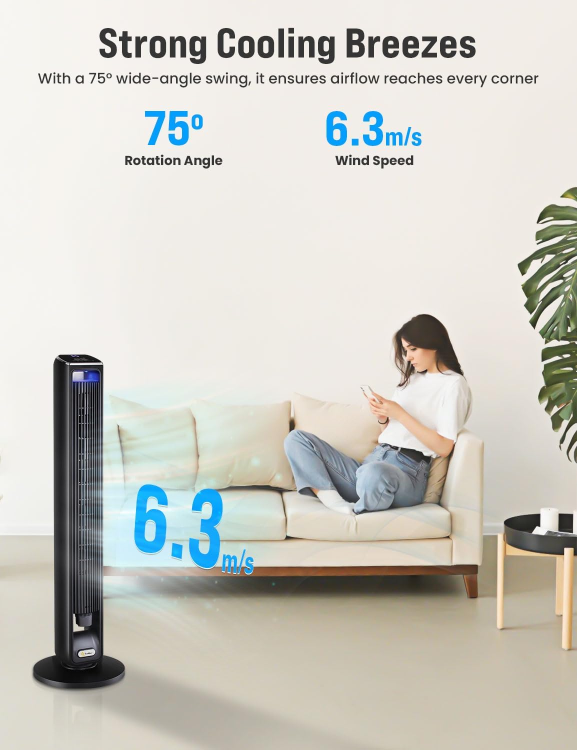 EcoNour 42-Inch Smart Tower Fan | Oscillating Quite Cooling Fan with WiFi/Alexa/Remote Control | 12 Speeds, 3 Modes, 15H Auto Timer | LED Touch Display, Bladeless Design Fans for Bedroom & Office