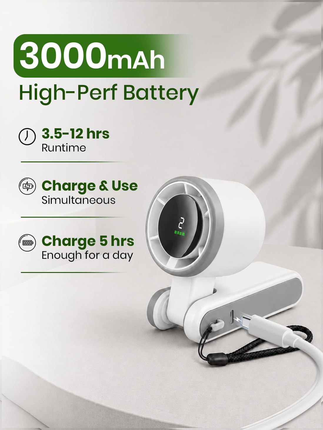 EcoNour Portable Handheld Turbo Fan - 5 Gear High Speed 4000mAh Rechargeable Mini Personal Hand Fan Blow Cold Air, Battery Operated Travel Essentials, Holiday Gifts for Women, Men - White