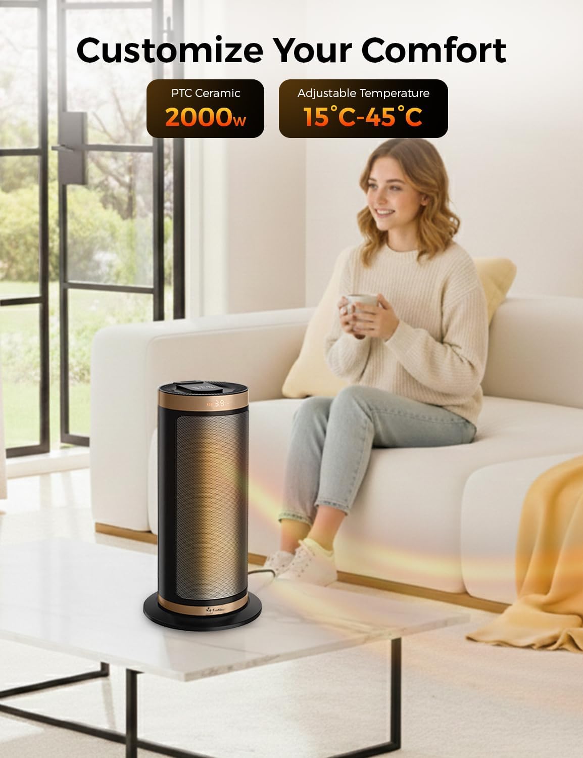 EcoNour Electric Heater, 2000 W Energy Efficient Space Silent Smart WiFi Room Heater, Portable Ceramic Room Heater with Thermostat, 3 Heat Modes, Fast Heating, Overheat & Tip-Over Safety Protection