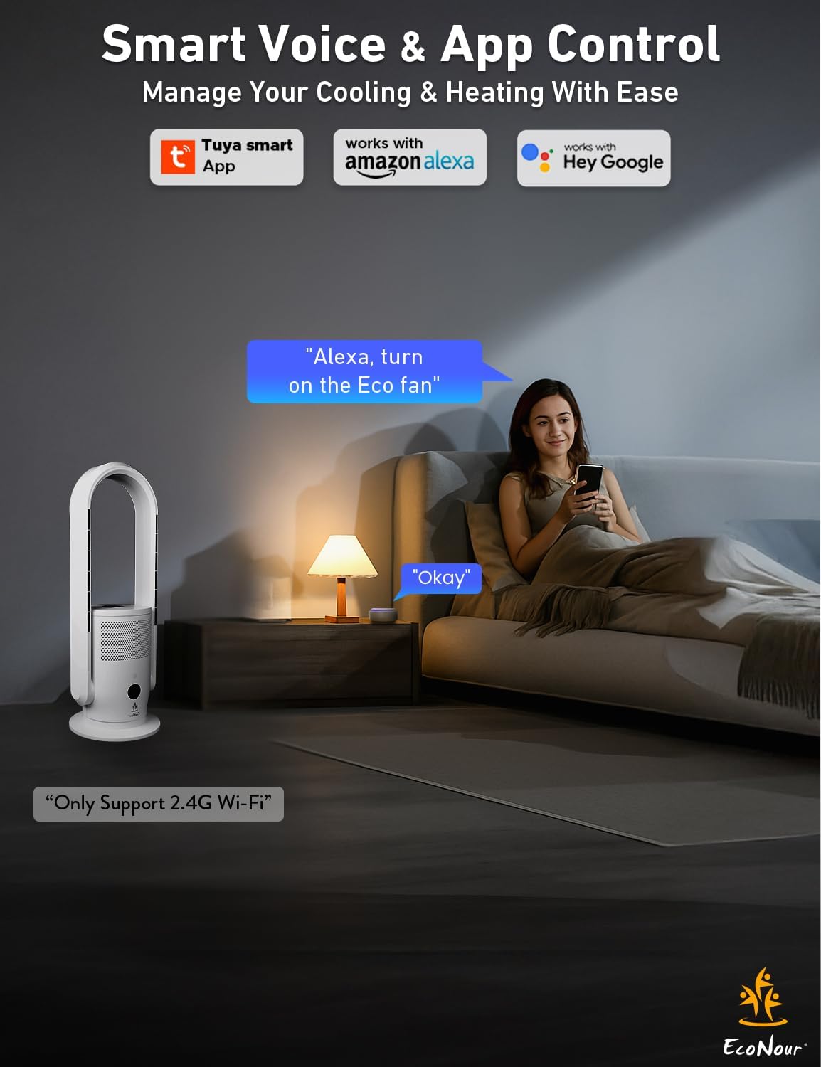 EcoNour Bladeless Hot & Cool Tower Fan with Air Purifier | Remote Control, 30°Tilt,12-Speed Quiet Cooling, Fast Heating, Sleep Mode, Safety Protection, Compatible with Alexa Bedroom, Kitchen - 28"