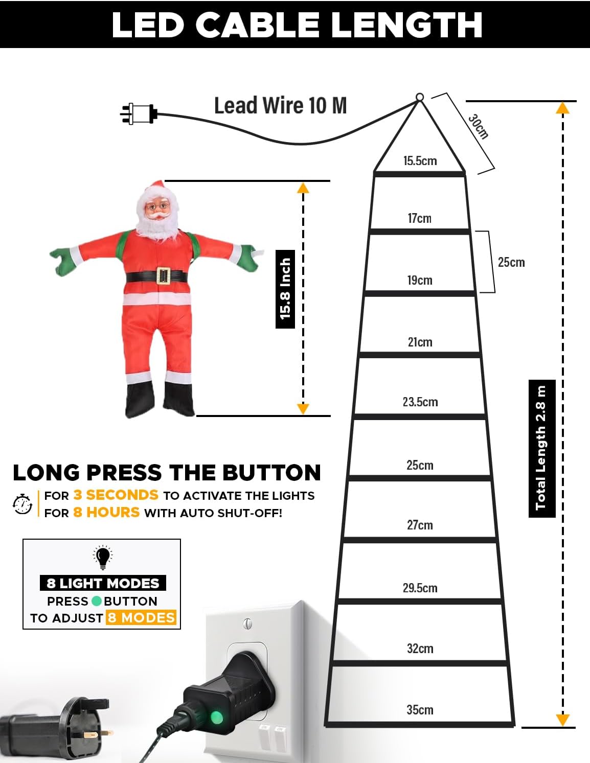 EcoNour Christmas Ladder Lights with Santa Claus - 200 LED Lights, 8 Light Modes, Timer Memory Function, Mains Powered, Indoor Outdoor Garden Tree Christmas Decorations (Cool White)
