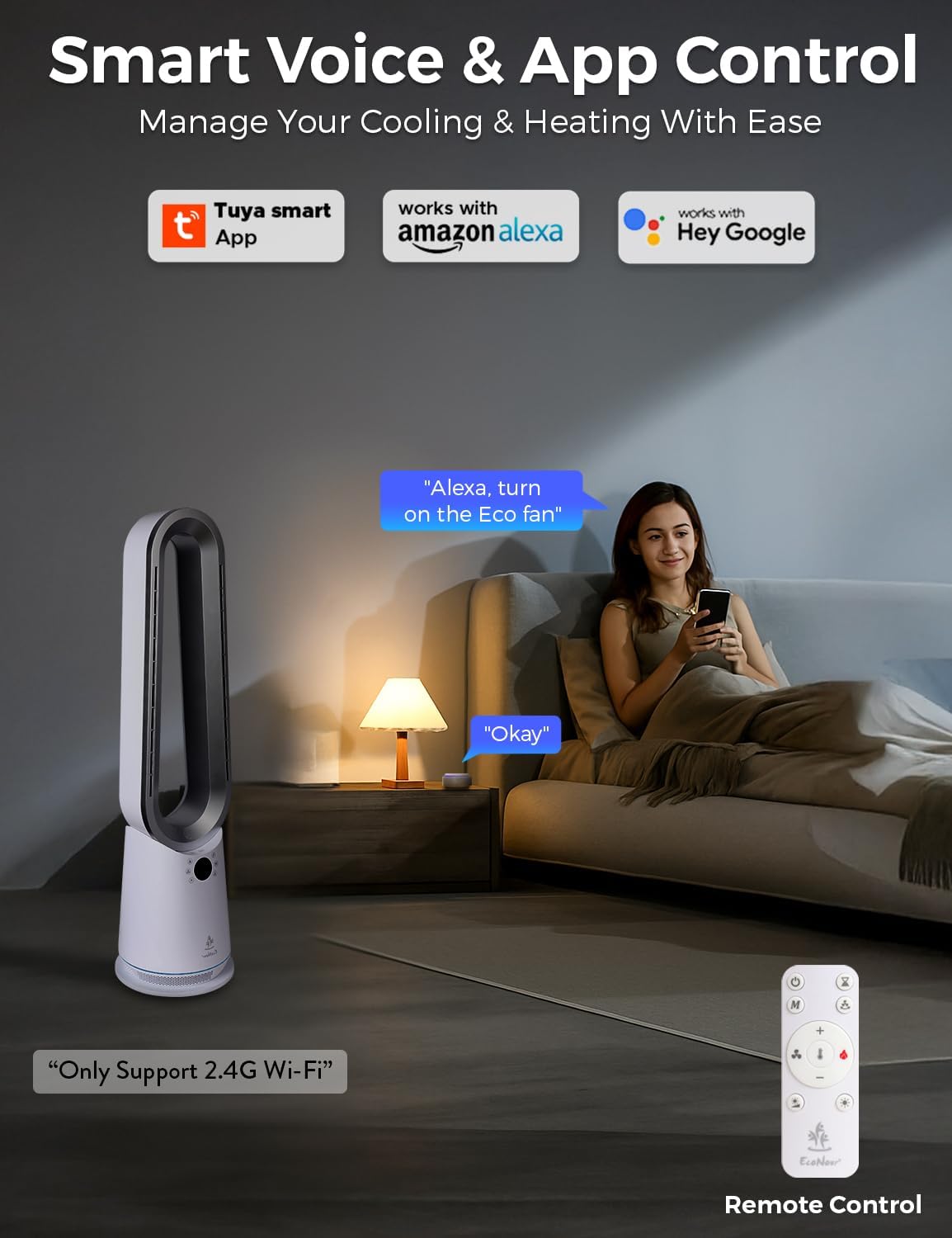EcoNour Bladeless Hot & Cool Tower Fan | 1–9 Speed Quiet Airflow, 4 Modes, 80° Oscillation, 1599 m³/h Airflow, Heats up to 35°C | Remote & Alexa Compatible | Bedroom, Office, Home