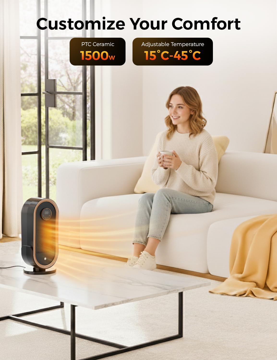 EcoNour Electric Heater, 1500 W Energy Efficient Space Silent Smart WiFi Room Heater, Portable Ceramic Room Heater with Thermostat, 3 Heat Modes, Fast Heating, Overheat & Tip-Over Safety Protection