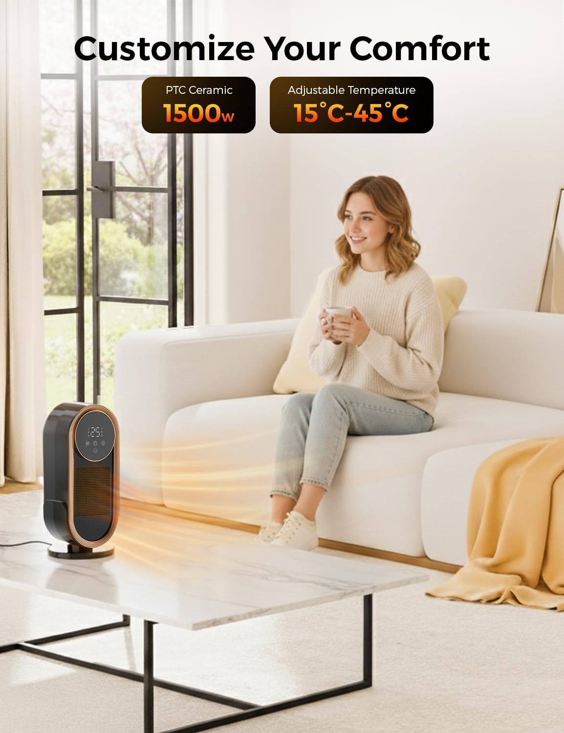 EcoNour Electric Heater, 1500 W Energy Efficient Space Silent Smart WiFi Room Heater, Portable Ceramic Room Heater with Thermostat, 3 Heat Modes, Fast Heating, Overheat & Tip-Over Safety Protection