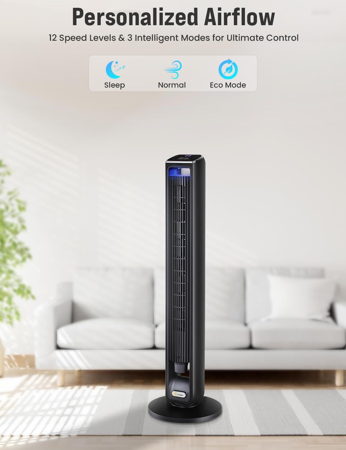 EcoNour 42-Inch Smart Tower Fan | Oscillating Quite Cooling Fan with WiFi/Alexa/Remote Control | 12 Speeds, 3 Modes, 15H Auto Timer | LED Touch Display, Bladeless Design Fans for Bedroom & Office