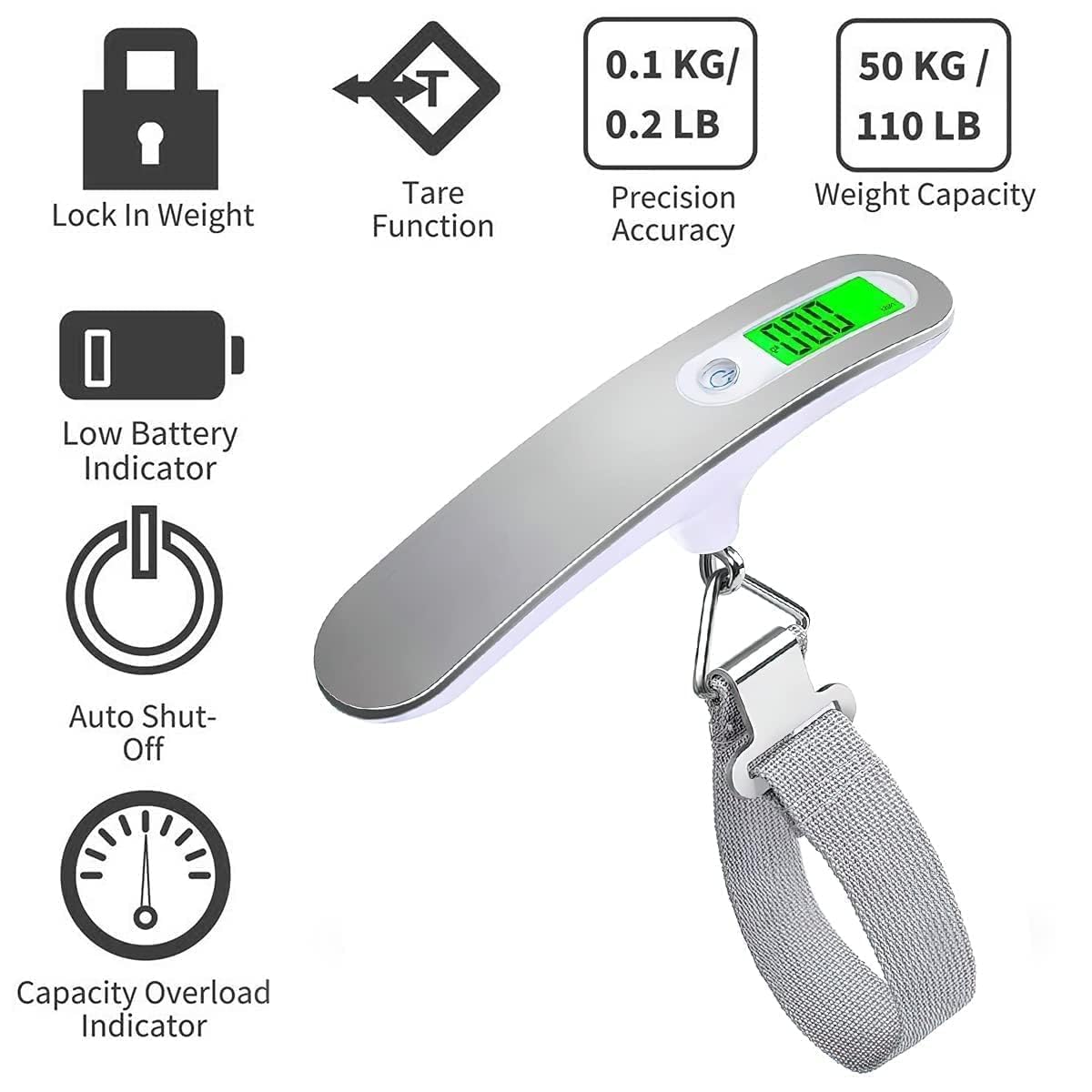 EcoNour Luggage Scale Portable Digital Weight Scale for Travel Suitcase Weigher with Tare Function 110 Lb/ 50Kg Capacity with Backlit Tare Function Lightweight for Bags, Travel, Flights