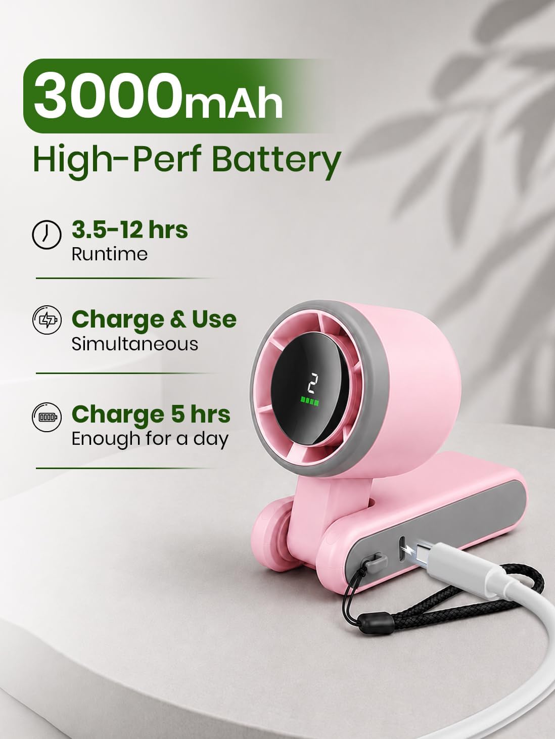 EcoNour Portable Handheld Turbo Fan - 5 Gear High Speed 4000mAh Rechargeable Mini Personal Hand Fan Blow Cold Air, Battery Operated Travel Essentials, Holiday Gifts for Women, Men - Pink