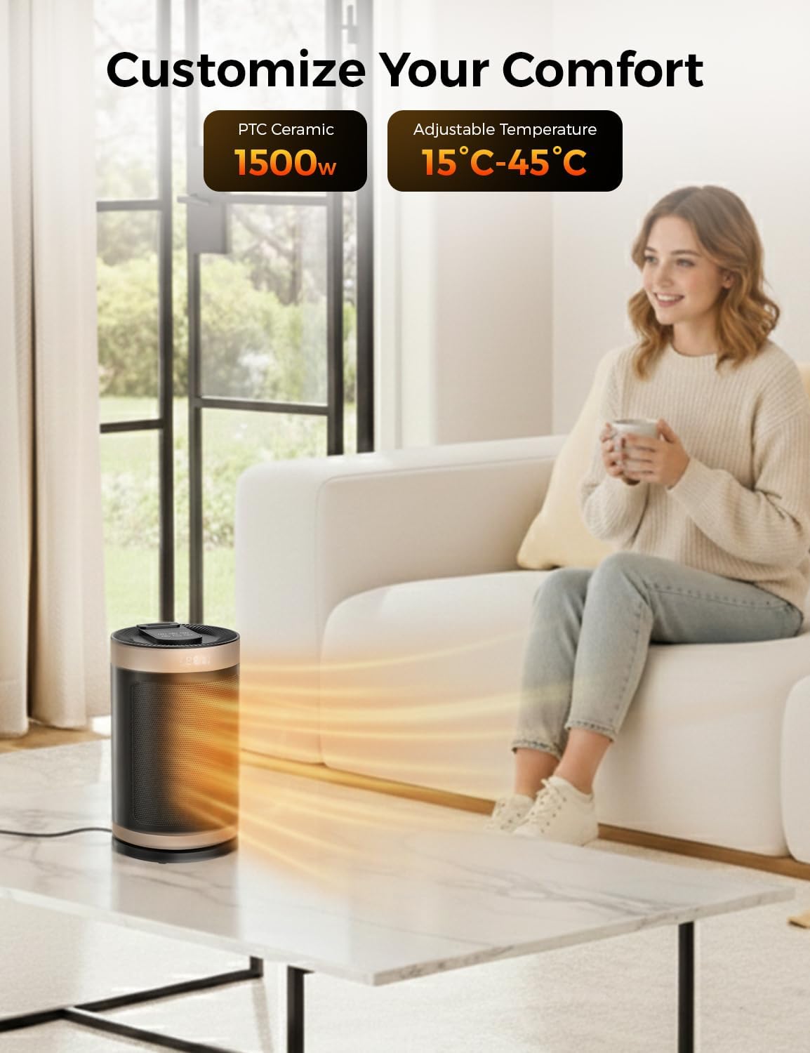 EcoNour Electric Heater, 1500 W Energy Efficient Space Silent Smart WiFi Room Heater, Portable Ceramic Room Heater with Thermostat, 3 Heat Modes, Fast Heating, Overheat & Tip-Over Safety Protection