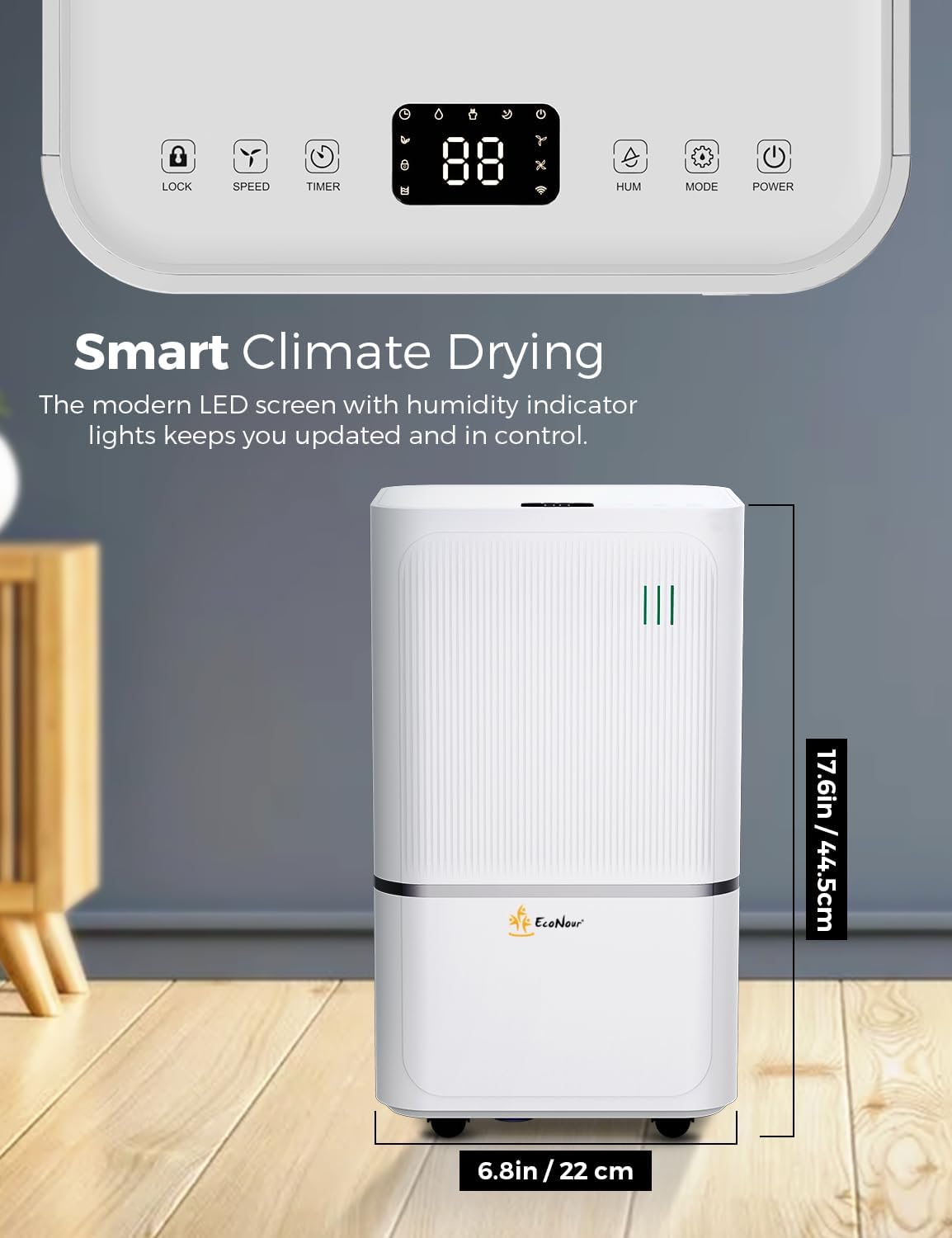 EcoNour 12L Smart WiFi Dehumidifier for Home, with Auto-Humidity Sensor, LED Display, Quiet, 24-Hour Timer & Continuous Drainage, Laundry Drying, Child Lock Protection – for Home, Bedroom & Bathroom