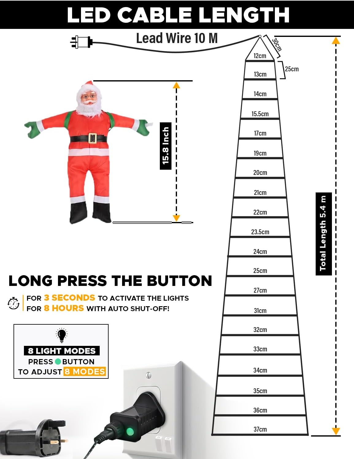 EcoNour Christmas Ladder Lights with Santa Claus - 400 LED Lights, 8 Light Modes, Timer Memory Function, Mains Powered, Indoor Outdoor Garden Tree Christmas Decorations (Cool White)