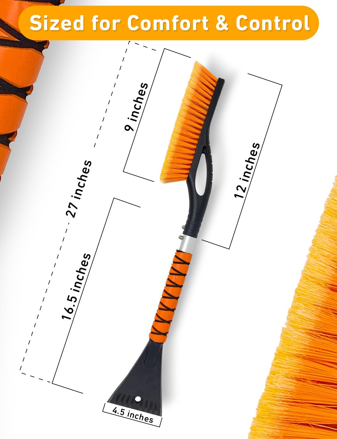 EcoNour 27" Aluminum Car Snow Scraper and Brush (Orange) | Weaved Bristle Head with Metal Body Ice Scraper for Car Windshield | Tough Ice Scraper with Ergonomic Foam Grip Winter Accessory | 2 Pack