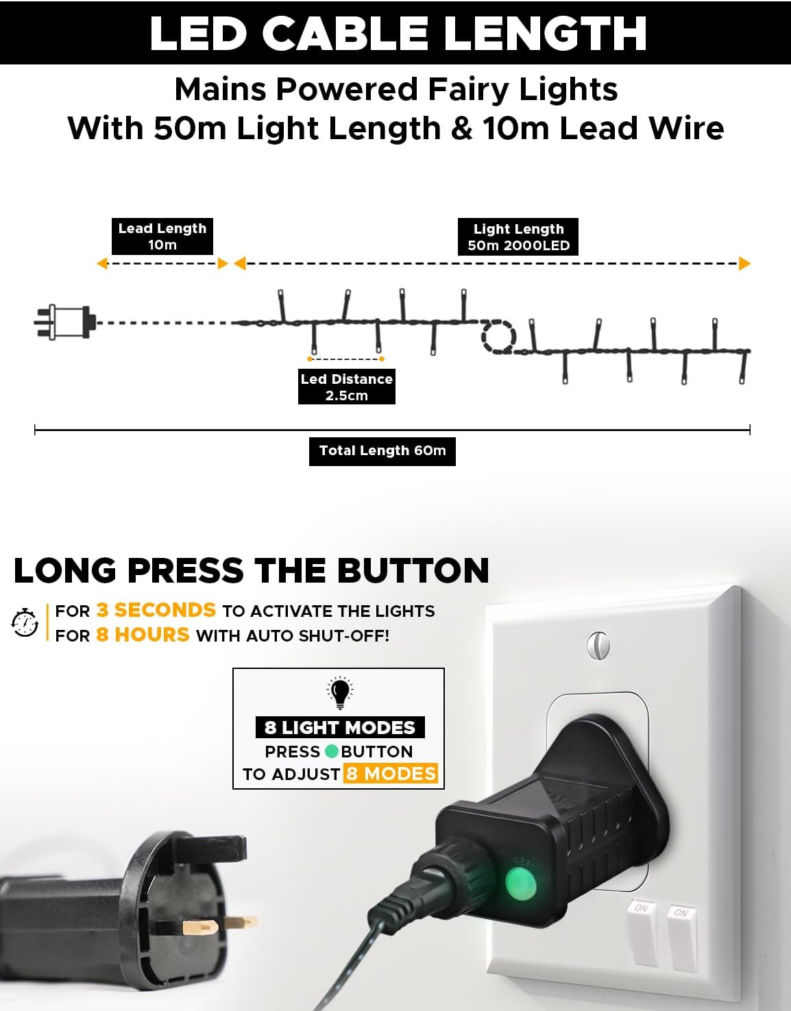 EcoNour Christmas Tree Lights, Cluster Compact 2000 LED Cool White | 8 Hrs On Timer, 8 Light Mode, 2.5cm Bulb Distance Fairy String Lights Plug in - Timer and Memory Functions -Outdoor/Indoor Use
