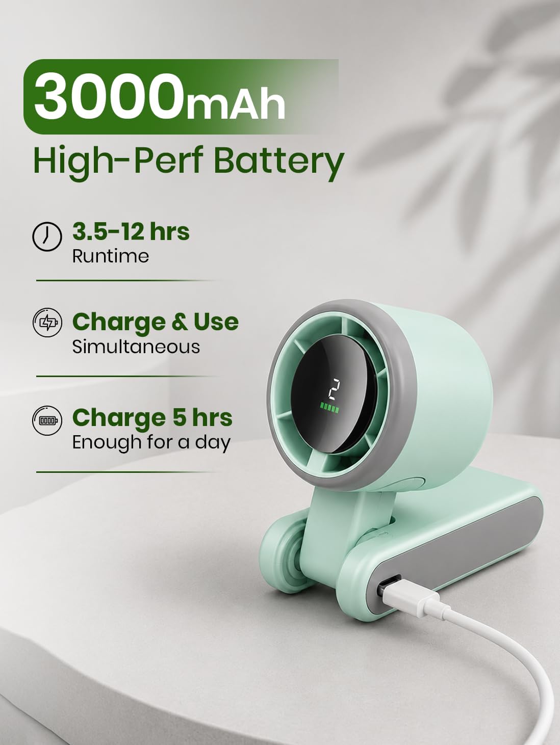 EcoNour Portable Handheld Turbo Fan - 5 Gear High Speed 4000mAh Rechargeable Mini Personal Hand Fan Blow Cold Air, Battery Operated Travel Essentials, Holiday Gifts for Women, Men - Green
