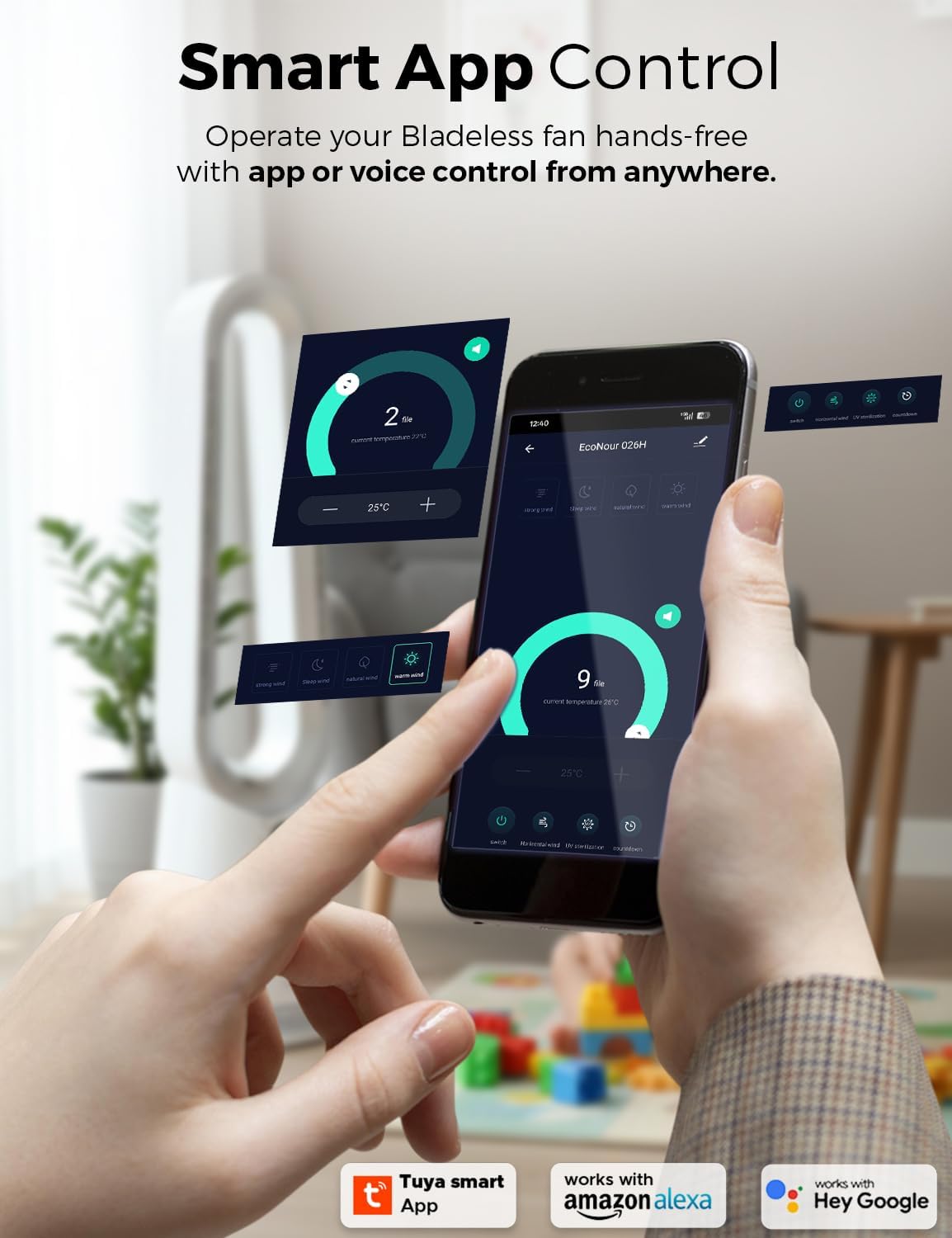 EcoNour Bladeless Hot & Cool Tower Fan | 1–9 Speed Quiet Airflow, 4 Modes, 80° Oscillation, 1599 m³/h Airflow, Heats up to 35°C | Remote & Alexa Compatible | Bedroom, Office, Home