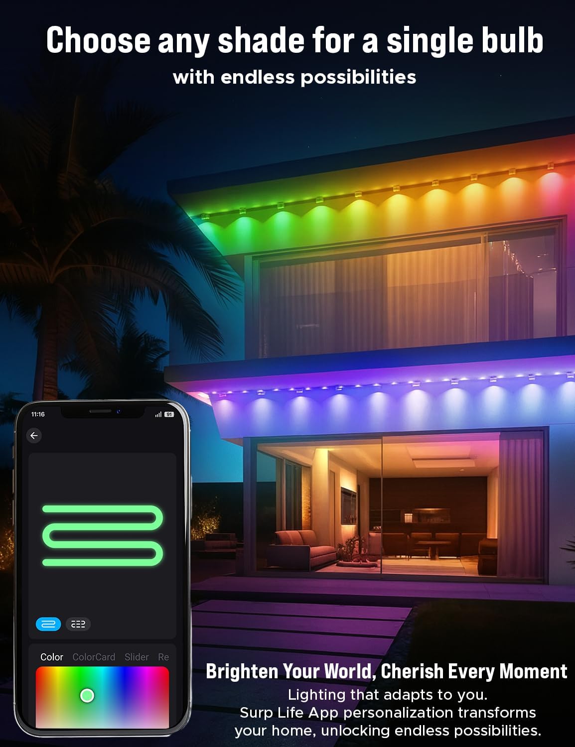 EcoNour 150 FT RGB Smart Permanent Outdoor Lights | Waterproof LED Eaves Lights with App & Remote Control | Colorful RGB Light with Music Sync | Smart Outdoor LED Christmas Light with Festive Effects