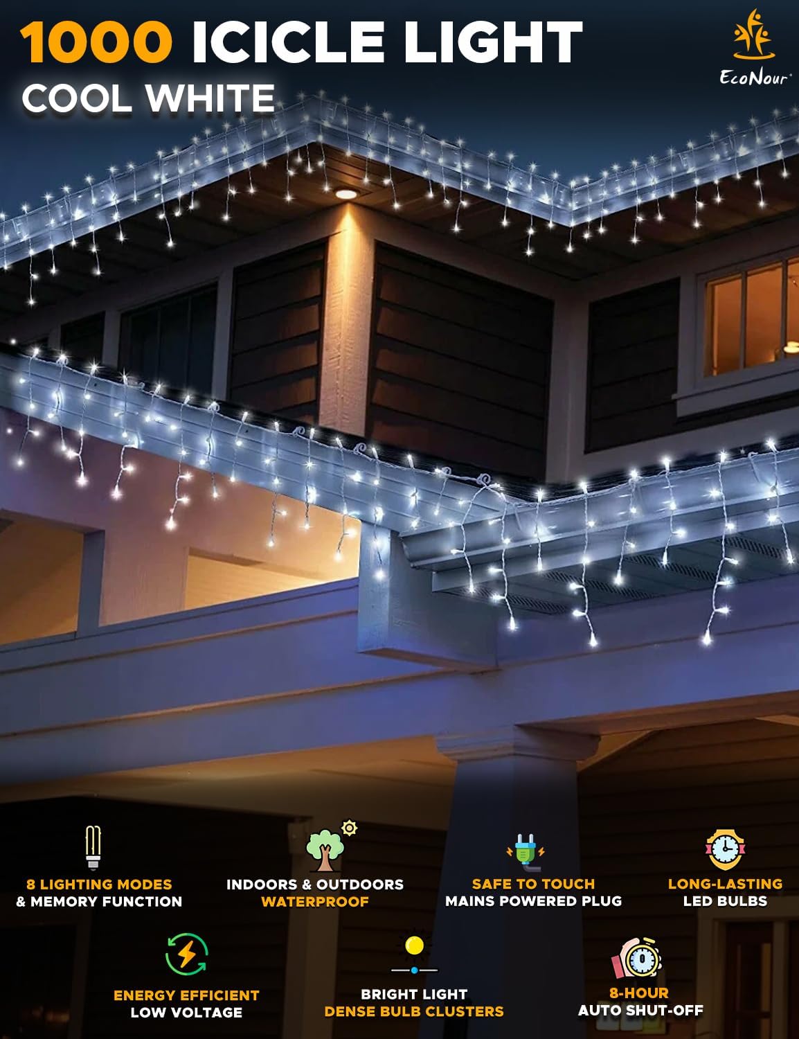 EcoNour Icicle Lights Outdoor Christmas Lights 1000 LED 35M Cool White Decorations String Fairy Lights with Timer for Xmas Garden & Party | Mains Powered Clear Cable