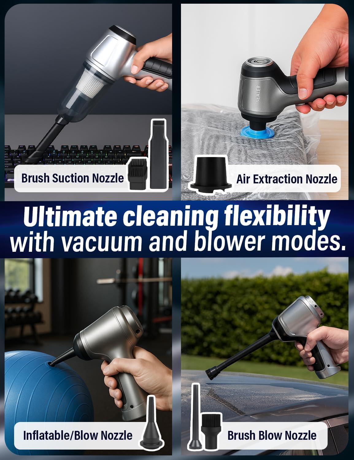 EcoNour Handheld Vacuum Cleaner, Cordless Car Vacuum Cleaner, with Multiple Brush Heads High Power Hand Held Vacuum Cordless, for Office, Home Kitchen, Car,Pet Hair - Grey
