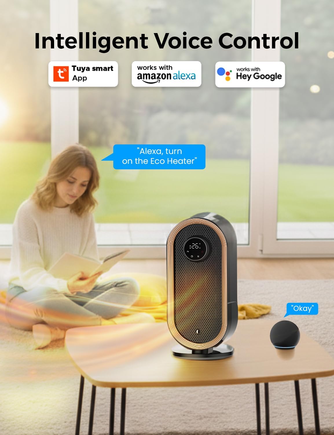 EcoNour Electric Heater, 1500 W Energy Efficient Space Silent Smart WiFi Room Heater, Portable Ceramic Room Heater with Thermostat, 3 Heat Modes, Fast Heating, Overheat & Tip-Over Safety Protection