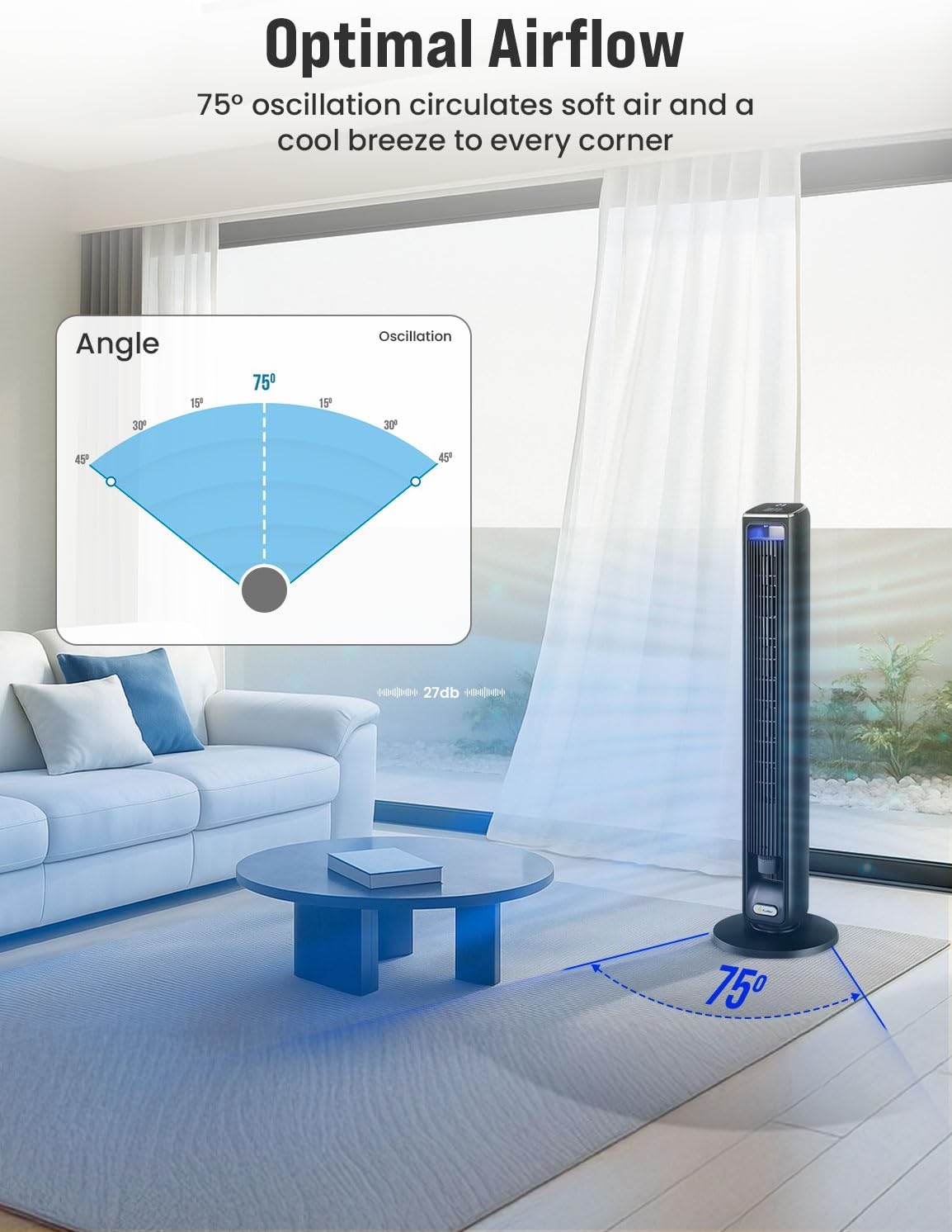 EcoNour 42-Inch Smart Tower Fan | Oscillating Quite Cooling Fan with WiFi/Alexa/Remote Control | 12 Speeds, 3 Modes, 15H Auto Timer | LED Touch Display, Bladeless Design Fans for Bedroom & Office