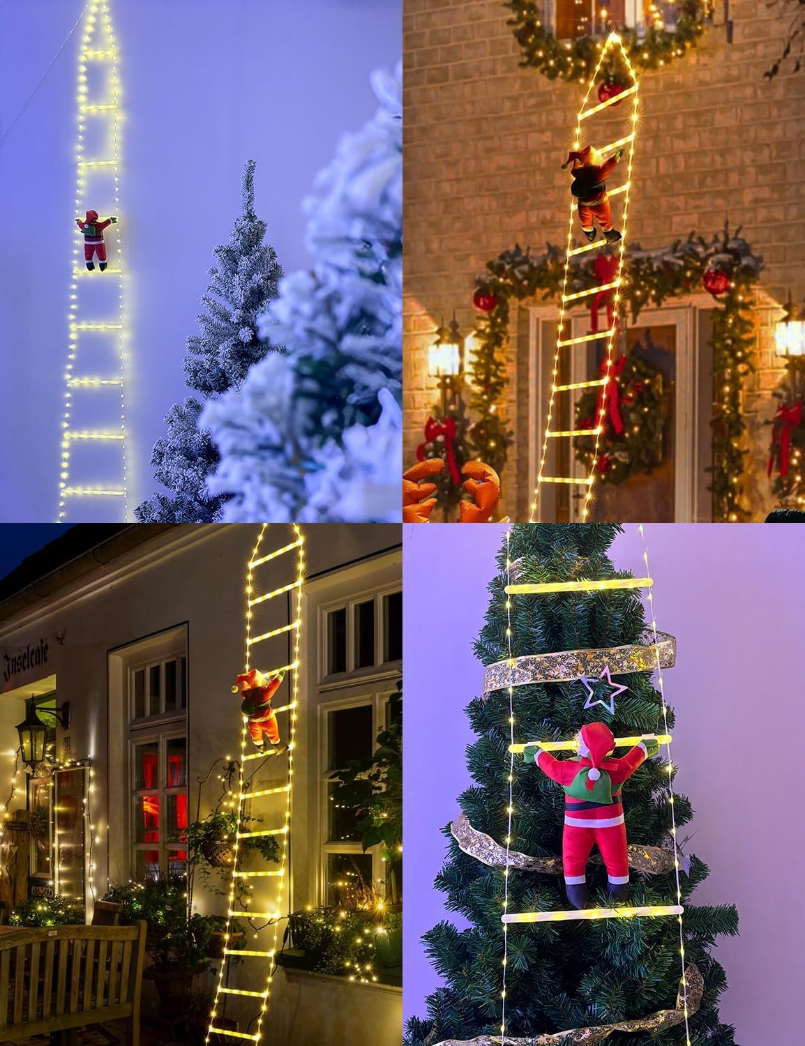 EcoNour Christmas Ladder Lights with Santa Claus - 200 LED Lights, 8 Light Modes, Timer Memory Function, Mains Powered, Indoor Outdoor Garden Tree Christmas Decorations (Warm White)