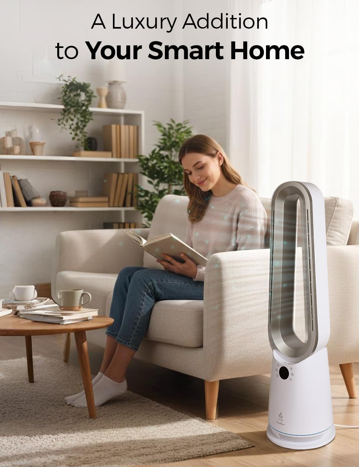 EcoNour Bladeless Hot & Cool Tower Fan | 1–9 Speed Quiet Airflow, 4 Modes, 80° Oscillation, 1599 m³/h Airflow, Heats up to 35°C | Remote & Alexa Compatible | Bedroom, Office, Home