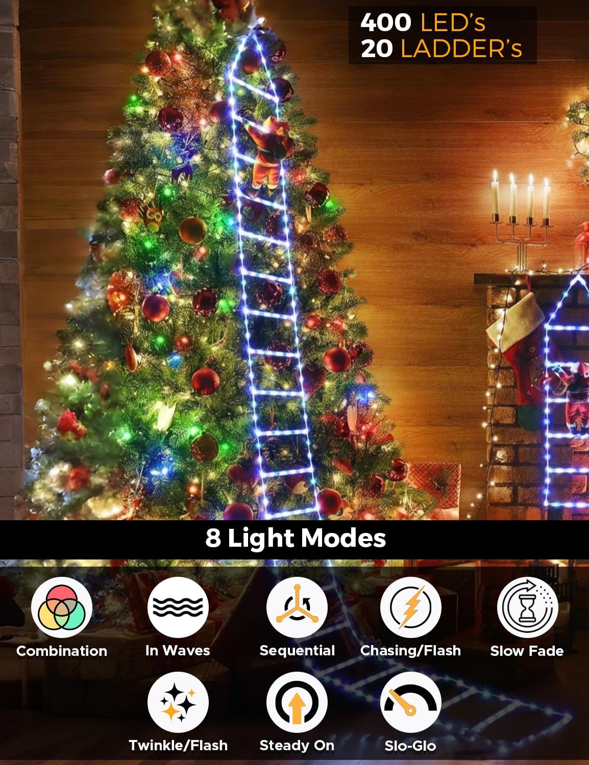 EcoNour Christmas Ladder Lights with Santa Claus - 200 LED Lights, 8 Light Modes, Timer Memory Function, Mains Powered, Indoor Outdoor Garden Tree Christmas Decorations (Cool White)