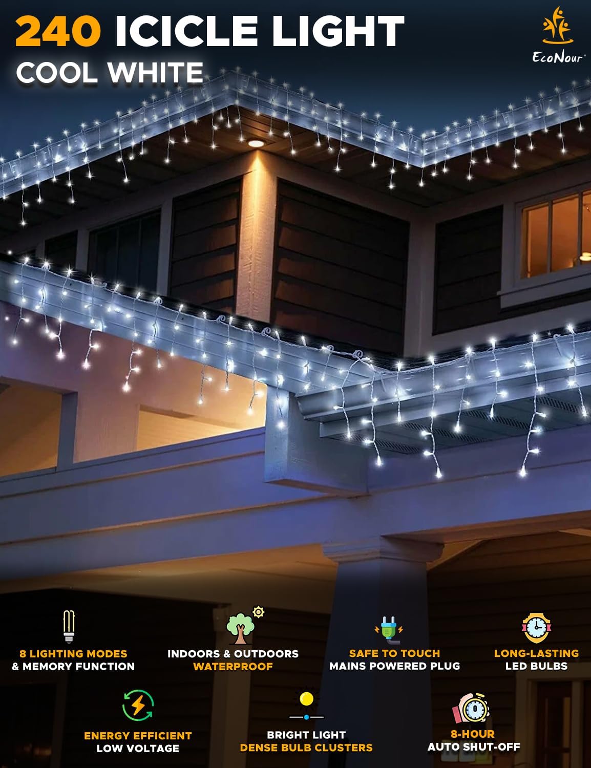 EcoNour Icicle Lights Outdoor Christmas Lights 240 LED 7.5M Cool White Decorations String Fairy Lights with Timer for Xmas Garden & Party | Mains Powered Clear Cable