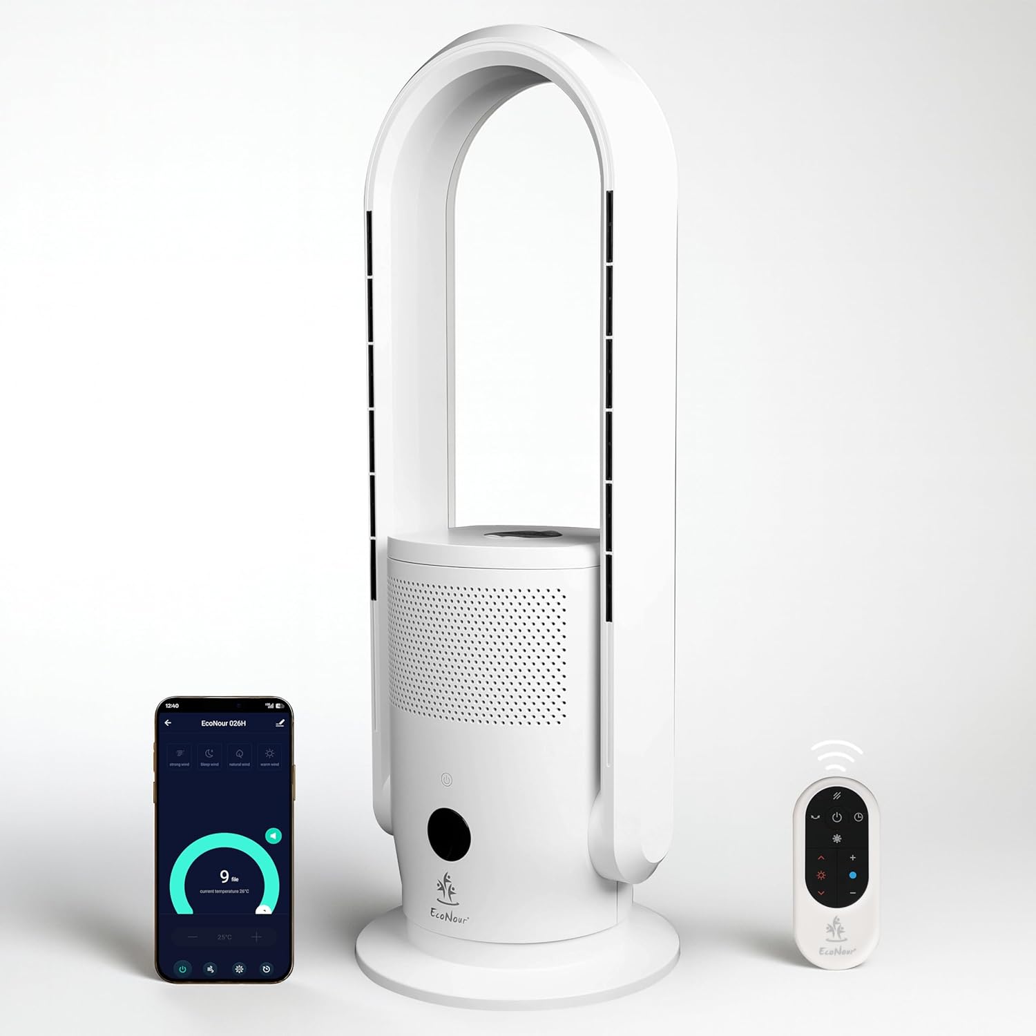 EcoNour Bladeless Hot & Cool Tower Fan with Air Purifier | Remote Control, 30°Tilt,12-Speed Quiet Cooling, Fast Heating, Sleep Mode, Safety Protection, Compatible with Alexa Bedroom, Kitchen - 28"
