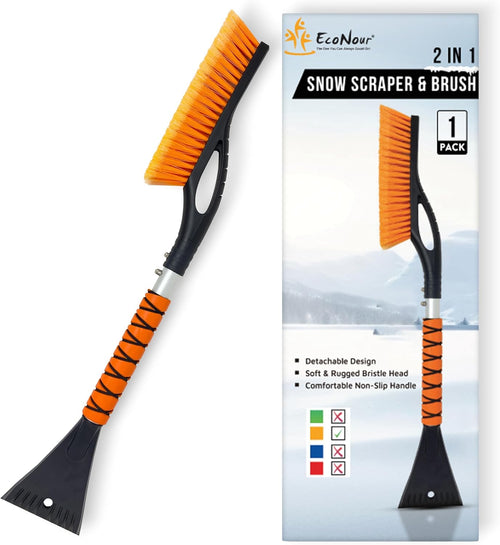 EcoNour 27" Aluminum Ice Scraper for Car Windscreen (Orange) | Weaved Bristle Head with Metal Body Ice Scrapers | Tough Ice Scraper with Foam Grip Snow Removal Winter Car Accessories