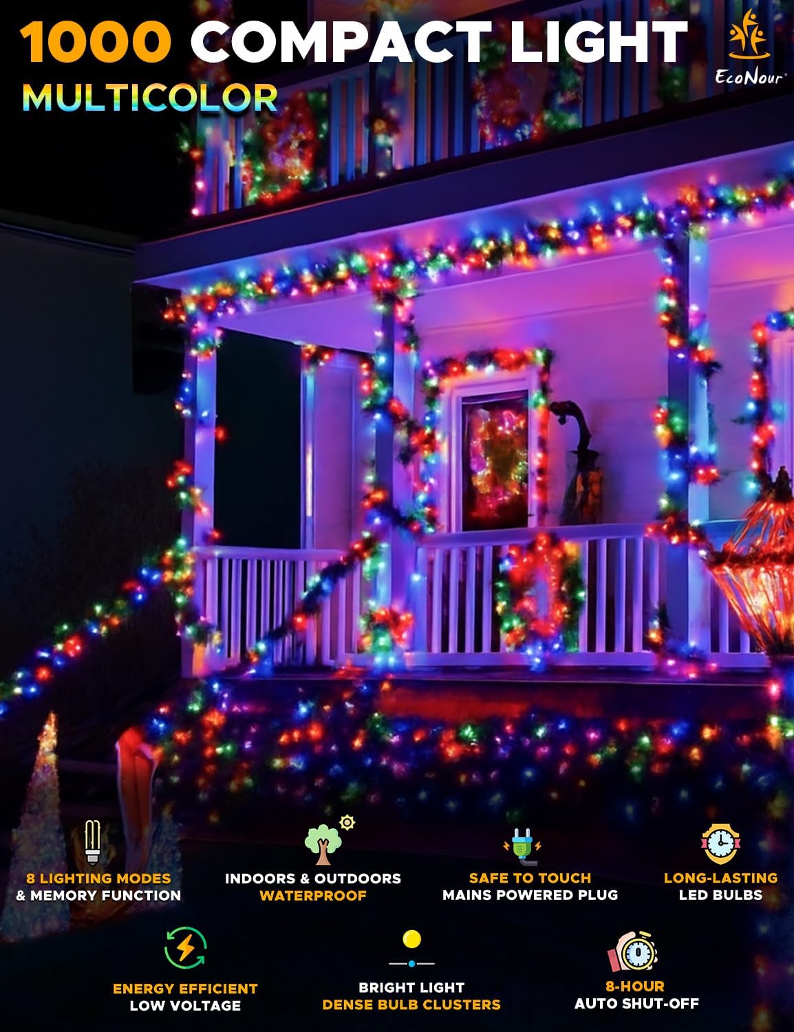 EcoNour Christmas Tree Lights, Cluster Compact 1000 LED Multi Color | 8 Hrs On Timer, 8 Light Mode, 2.5cm Bulb Distance Fairy String Lights Plug in - Timer and Memory Functions -Outdoor/Indoor Use