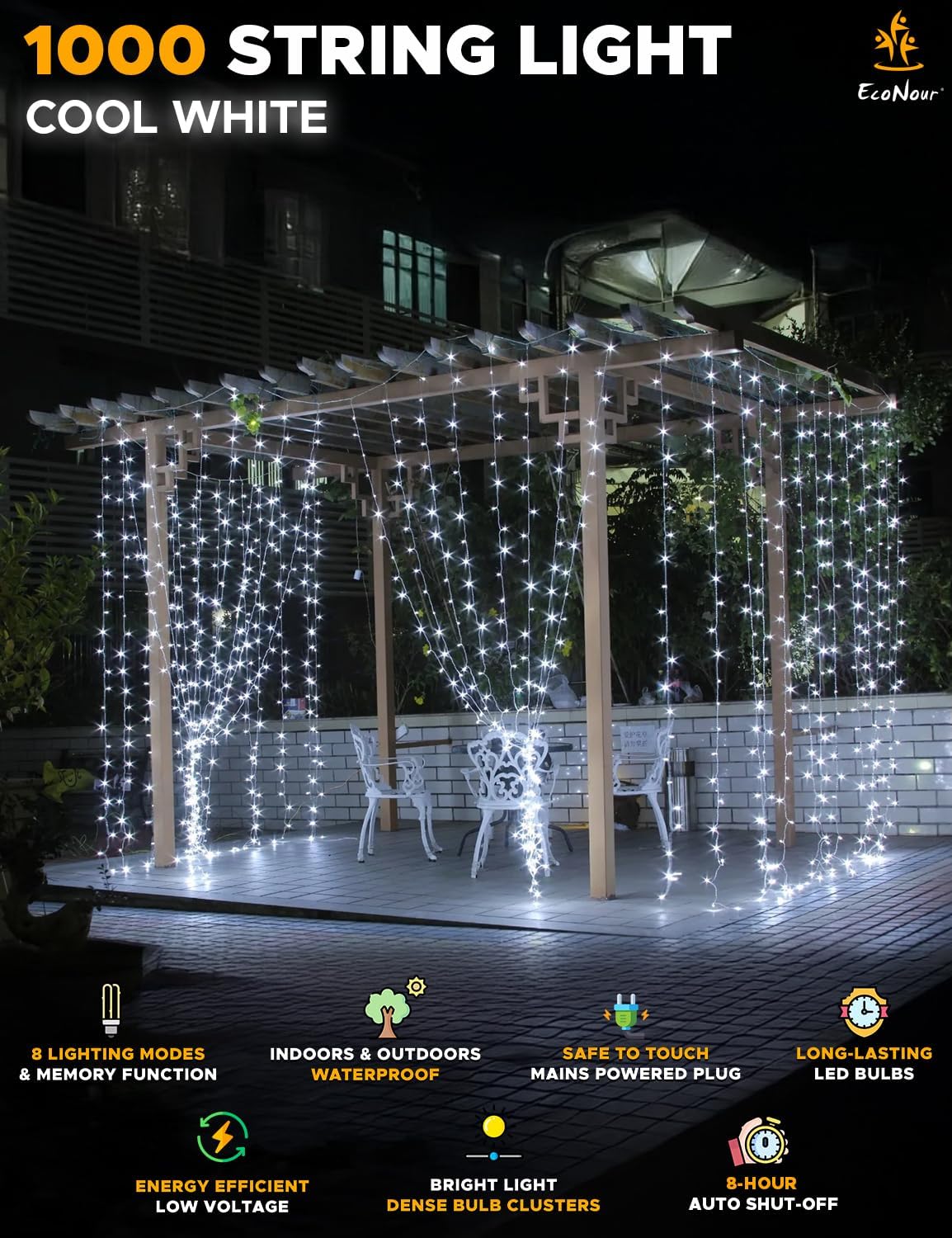 EcoNour String Lights 1000 LED 75m String Tree Lights for Indoor & Outdoor Cool White Decorations Fairy String Lights for Xmas Garden Bedroom & Party | Mains Powered Clear Cable