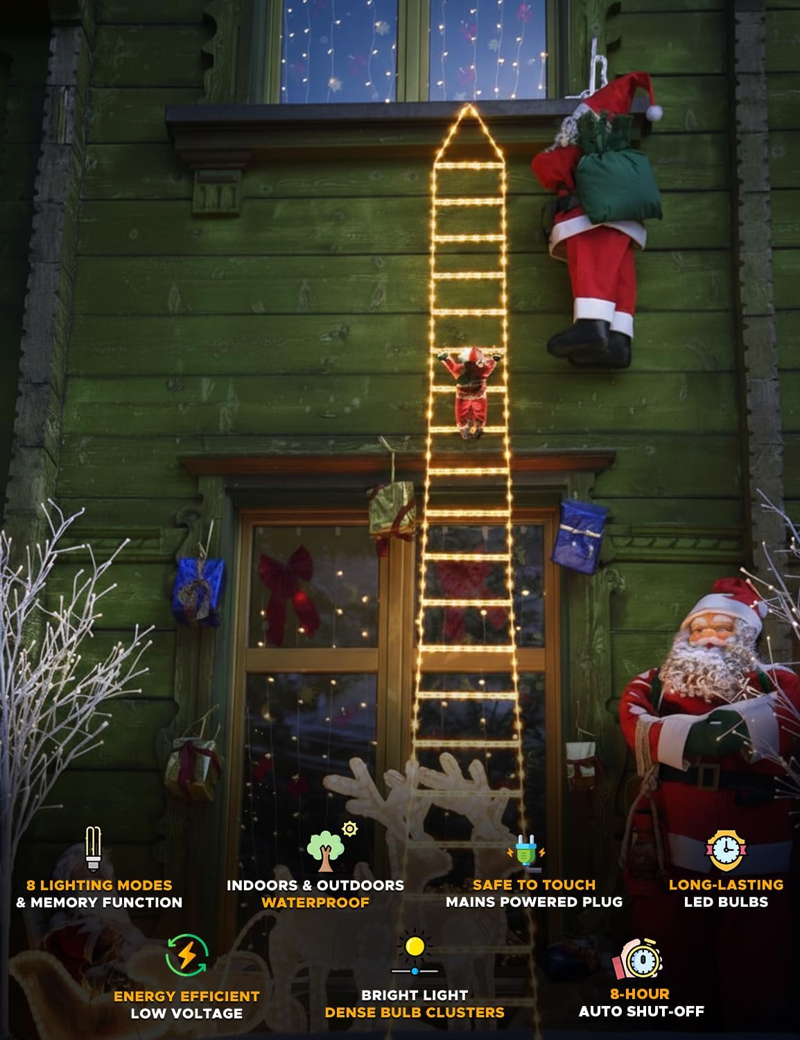 EcoNour Christmas Ladder Lights with Santa Claus - 200 LED Lights, 8 Light Modes, Timer Memory Function, Mains Powered, Indoor Outdoor Garden Tree Christmas Decorations (Warm White)
