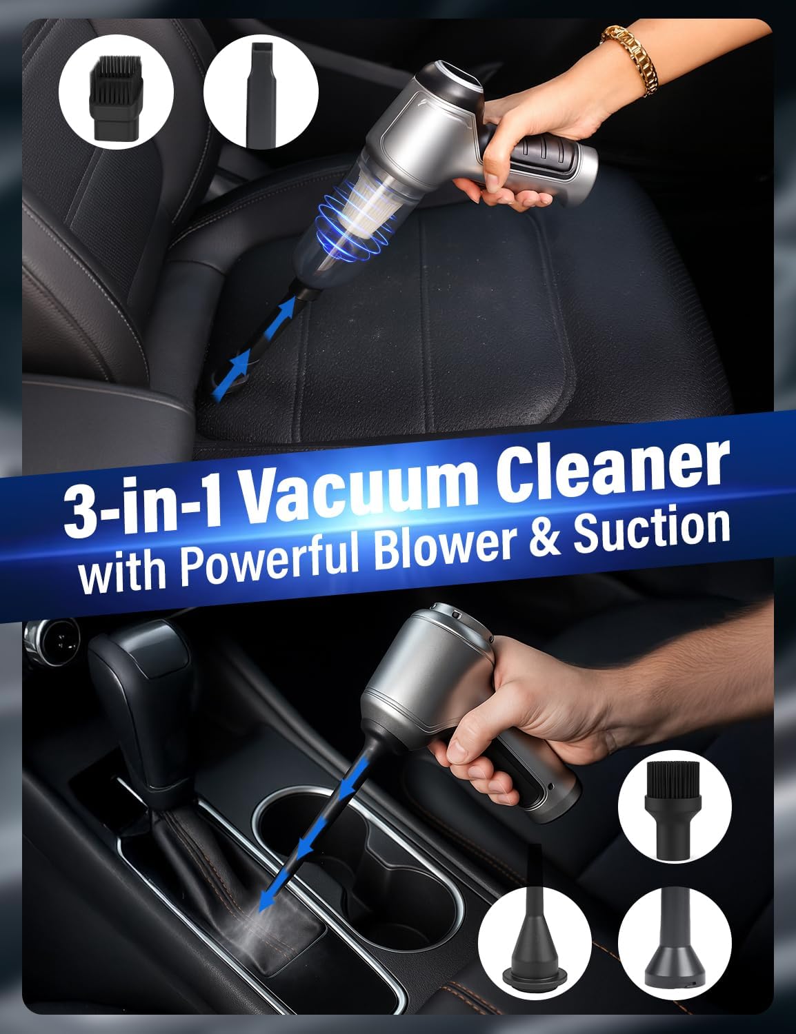 EcoNour Handheld Vacuum Cleaner, Cordless Car Vacuum Cleaner, with Multiple Brush Heads High Power Hand Held Vacuum Cordless, for Office, Home Kitchen, Car,Pet Hair - Grey