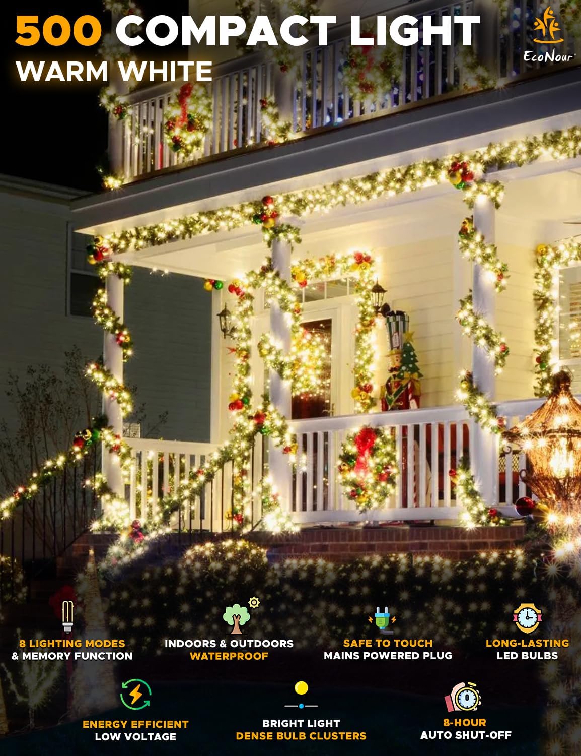 EcoNour Christmas Tree Lights, Cluster Compact 500 LED Warm White | 8 Hrs On Timer, 8 Light Mode, 2.5cm Bulb Distance Fairy String Lights Plug in - Timer and Memory Functions -Outdoor/Indoor Use