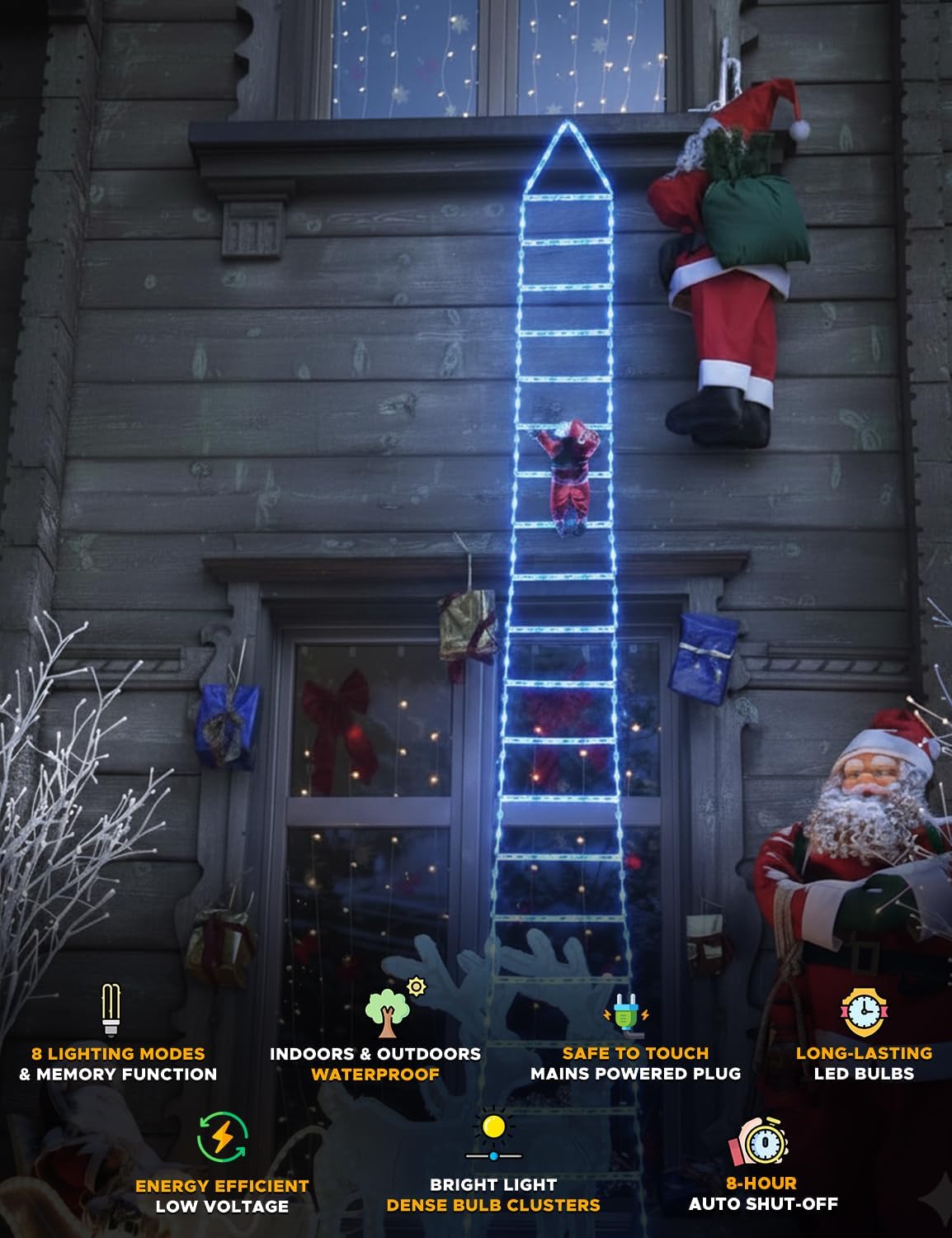 EcoNour Christmas Ladder Lights with Santa Claus - 400 LED Lights, 8 Light Modes, Timer Memory Function, Mains Powered, Indoor Outdoor Garden Tree Christmas Decorations (Cool White)