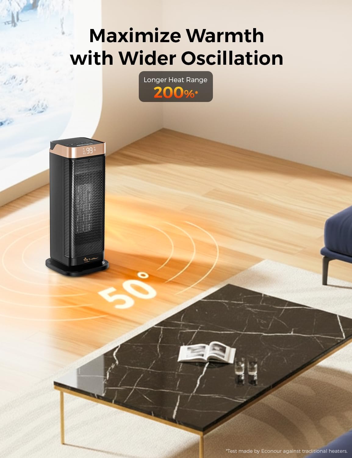 EcoNour Electric Heater, 2000 W Energy Efficient Space Silent Smart WiFi Room Heater, Portable Ceramic Room Heater with Thermostat, 3 Heat Modes, Fast Heating, Overheat & Tip-Over Safety Protection