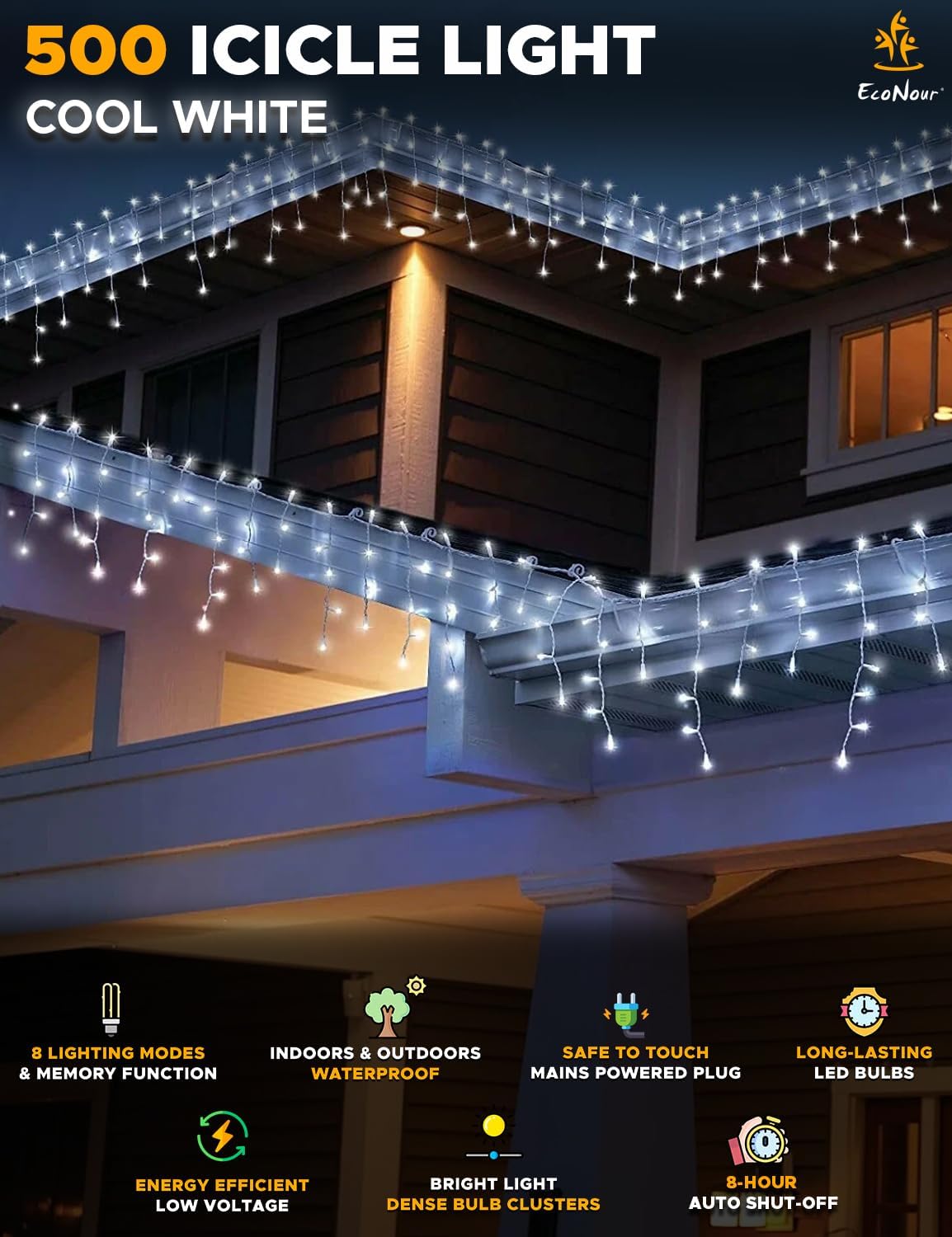 EcoNour Icicle Lights Outdoor Christmas Lights 500-LED 17M Cool White Decorations String Fairy Lights with Timer for Xmas Garden & Party | Mains Powered Clear Cable