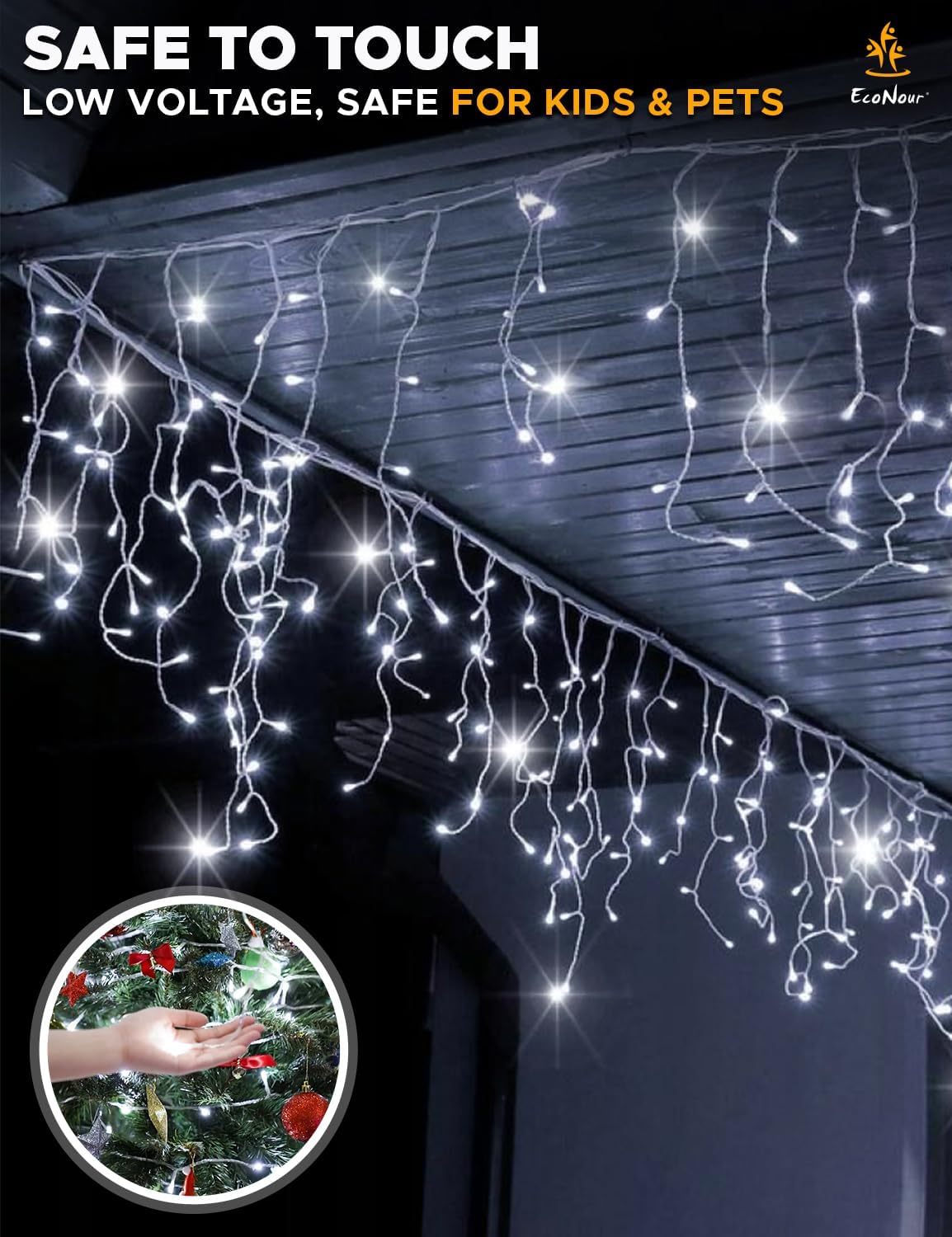 EcoNour Icicle Lights Outdoor Christmas Lights 500-LED 17M Cool White Decorations String Fairy Lights with Timer for Xmas Garden & Party | Mains Powered Clear Cable