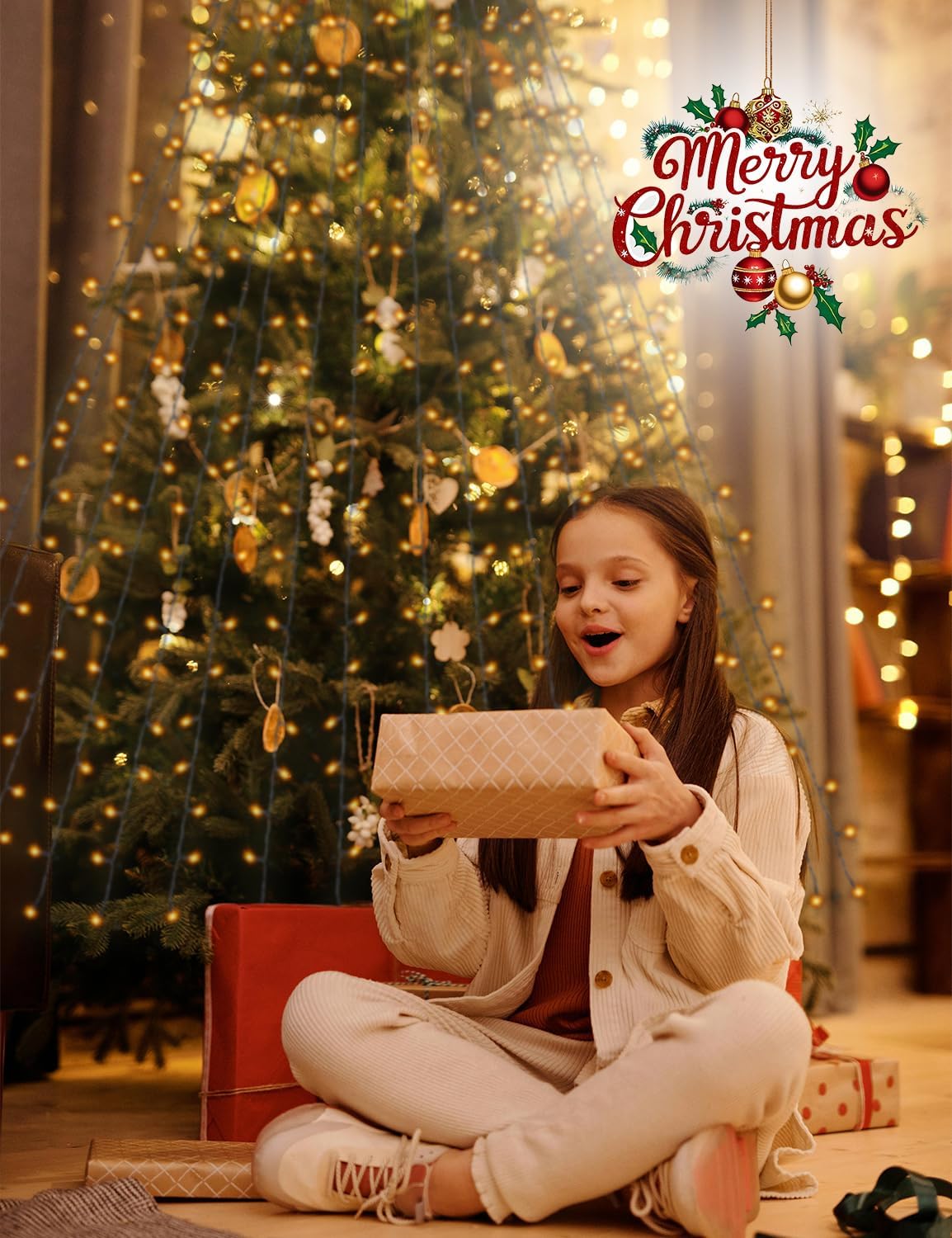 EcoNour 2m Cluster Tree Lights | 400 LED String Lights with Ring and 16 Garlands | 8 Modes LED String Lights for Christmas Trees (210cm & 240cm) | Warm White Light for Indoor and Outdoor Use