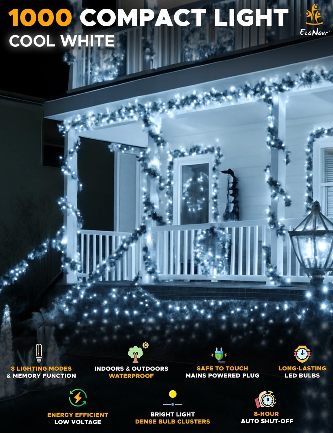 EcoNour Christmas Tree Lights, Cluster Compact 1000 LED Cool White | 8 Hrs On Timer, 8 Light Mode, 2.5cm Bulb Distance Fairy String Lights Plug in - Timer and Memory Functions -Outdoor/Indoor Use