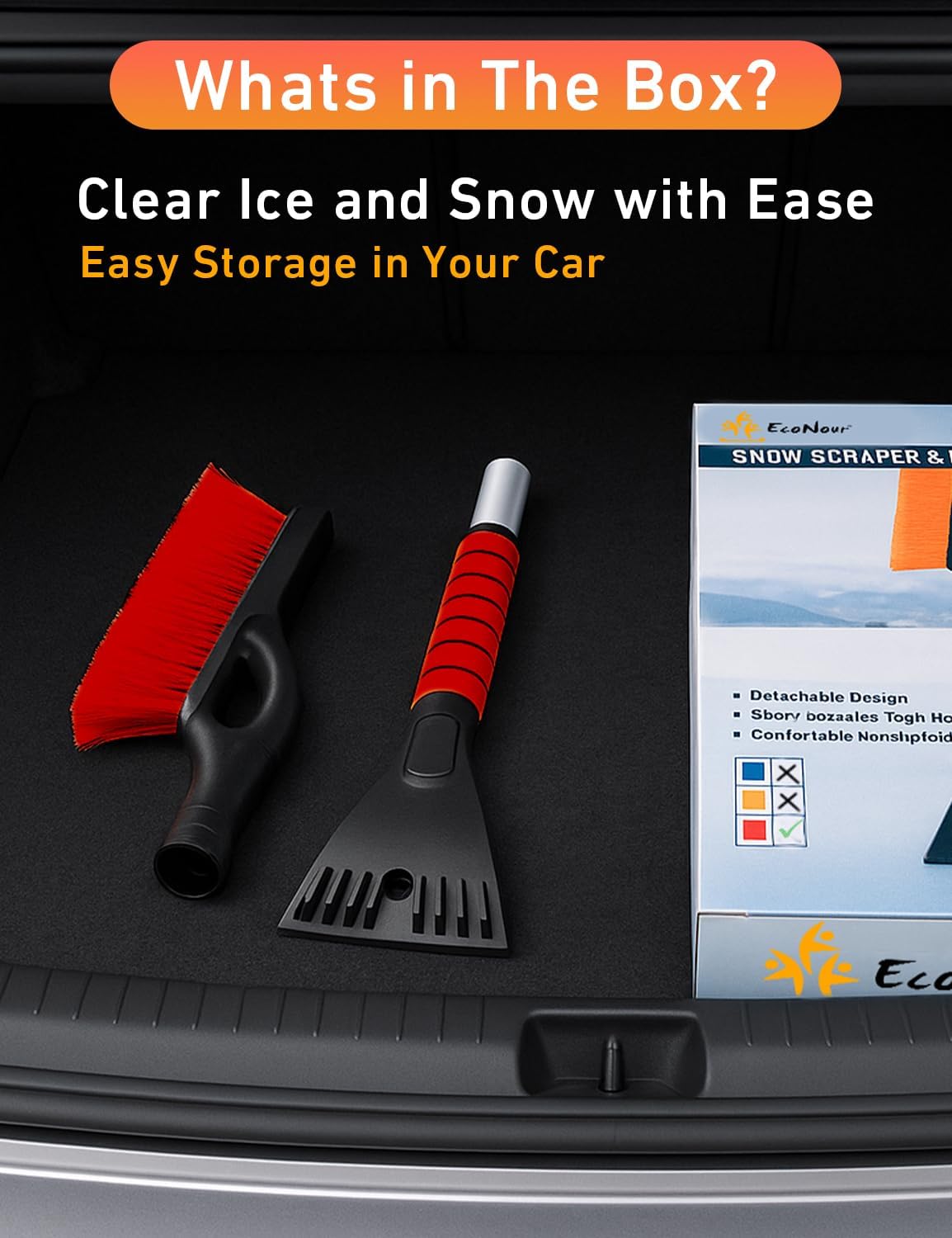 EcoNour 27" Aluminum Car Snow Scraper and Brush (Orange) | Weaved Bristle Head with Metal Body Ice Scraper for Car Windshield | Tough Ice Scraper with Ergonomic Foam Grip Winter Accessory | 2 Pack