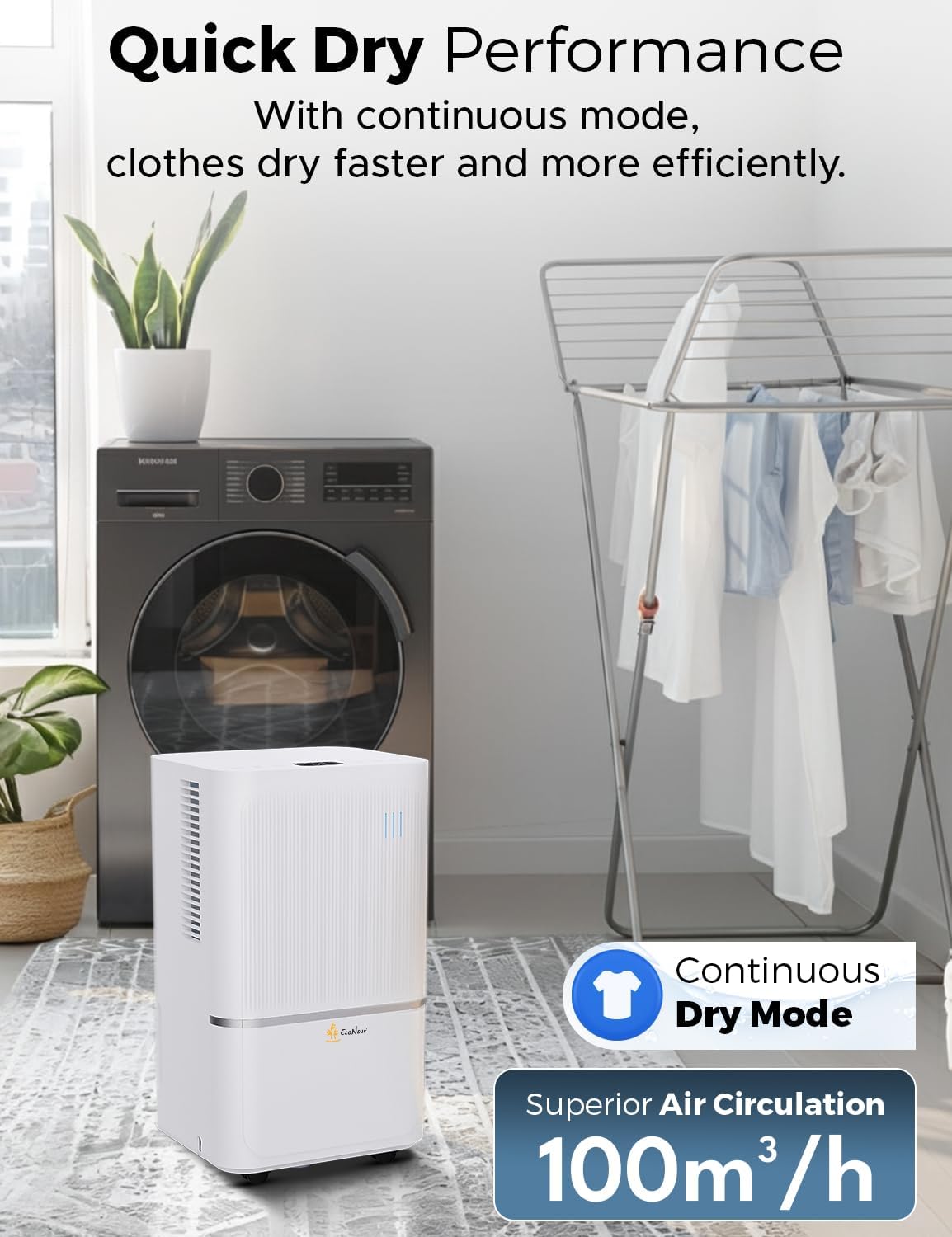 EcoNour 12L Smart WiFi Dehumidifier for Home, with Auto-Humidity Sensor, LED Display, Quiet, 24-Hour Timer & Continuous Drainage, Laundry Drying, Child Lock Protection – for Home, Bedroom & Bathroom