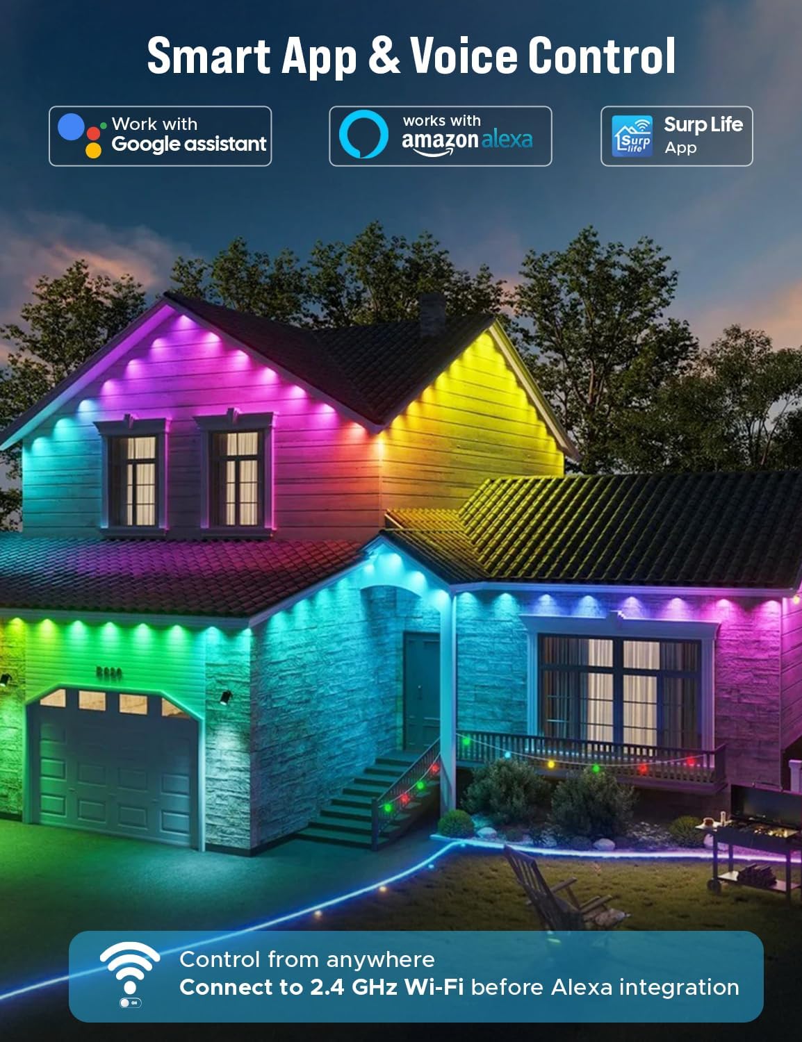 EcoNour 30M/100FT Smart RGB Permanent Outdoor Lights |Music Sync, Waterproof LED Eaves Lights with Extension Connector & Remote Control |Colorful RGB LED Christmas Light with Festive Lighting Effects