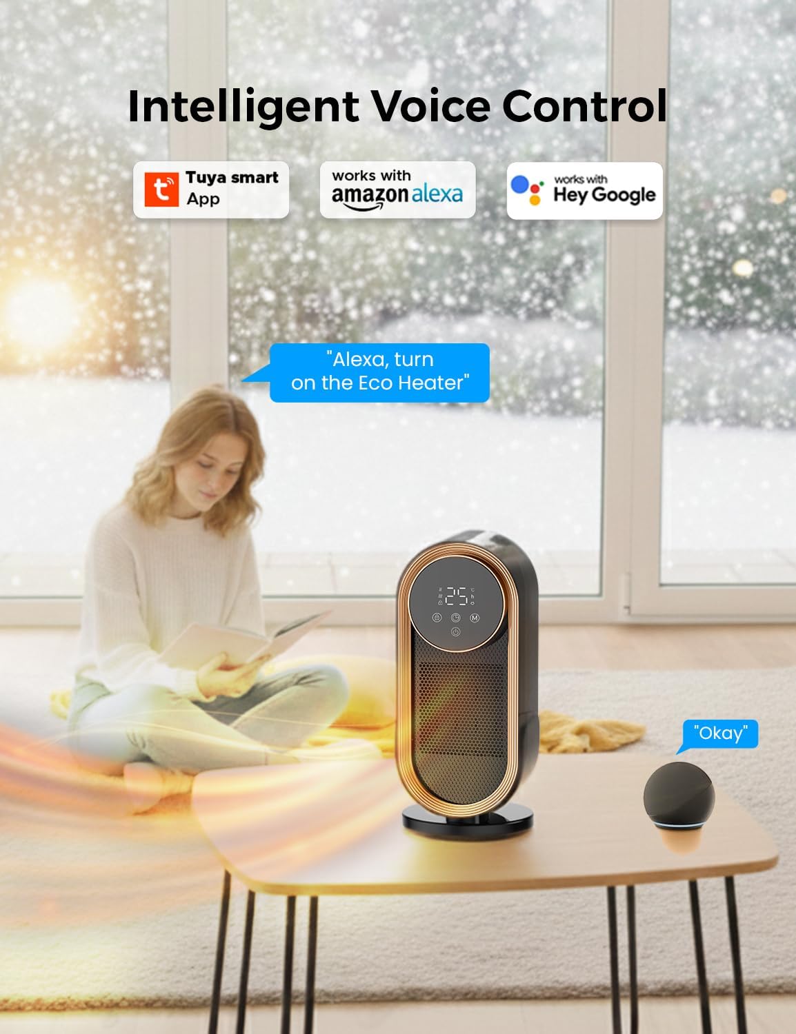 EcoNour Electric Heater, 1500 W Energy Efficient Space Silent Smart WiFi Room Heater, Portable Ceramic Room Heater with Thermostat, 3 Heat Modes, Fast Heating, Overheat & Tip-Over Safety Protection