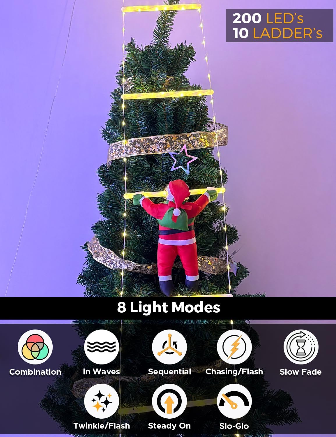 EcoNour Christmas Ladder Lights with Santa Claus - 200 LED Lights, 8 Light Modes, Timer Memory Function, Mains Powered, Indoor Outdoor Garden Tree Christmas Decorations (Warm White)