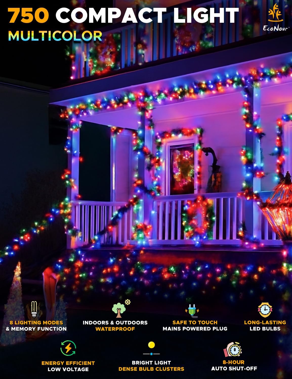 EcoNour Christmas Tree Lights, Cluster Compact 750 LED Multi Color | 8 Hrs On Timer, 8 Light Mode, 2.5cm Bulb Distance Fairy String Lights Plug in - Timer and Memory Functions -Outdoor/Indoor Use