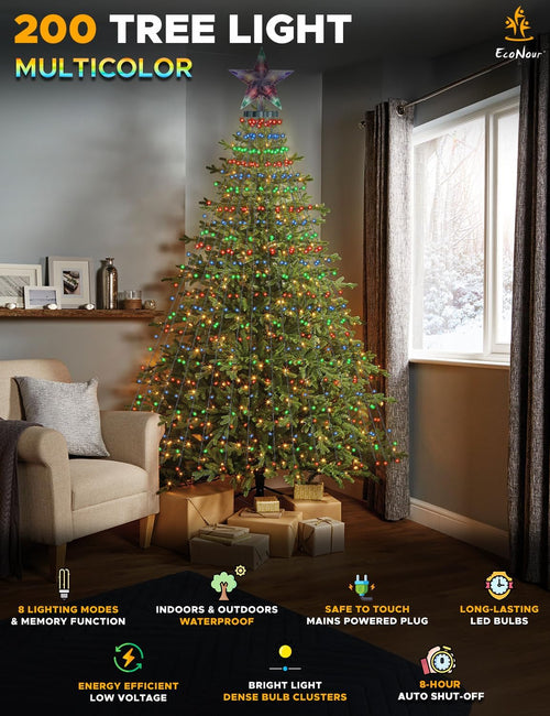 EcoNour 1.5m Cluster Tree Lights | 200 LED String Lights with Ring and 12 Garlands | 8 Modes LED String Lights for Christmas Trees (150cm & 180cm) | Multicolor Decoration Light