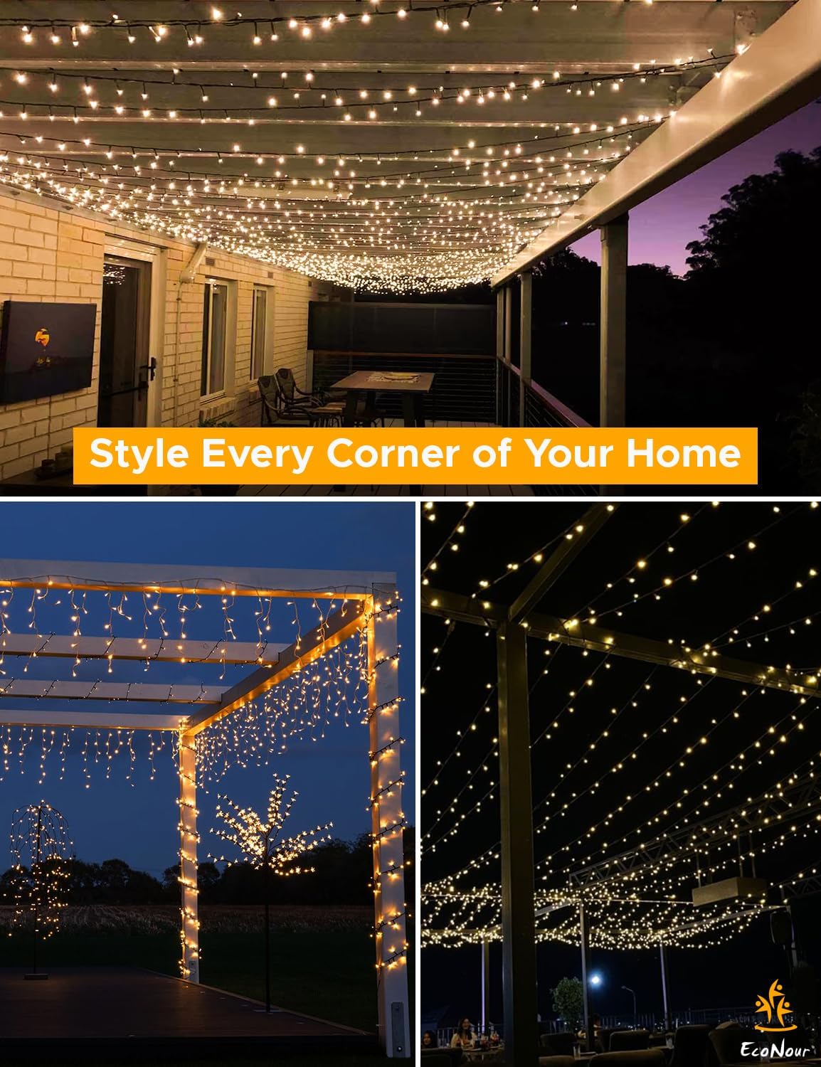 EcoNour Christmas Tree Lights Cluster Lights 480 LED - 6 Hours On Timer, 8 Light Modes, Plug in, Waterproof Indoor & Outdoor Use – 480 LED / 6m Lit Length, Warm White