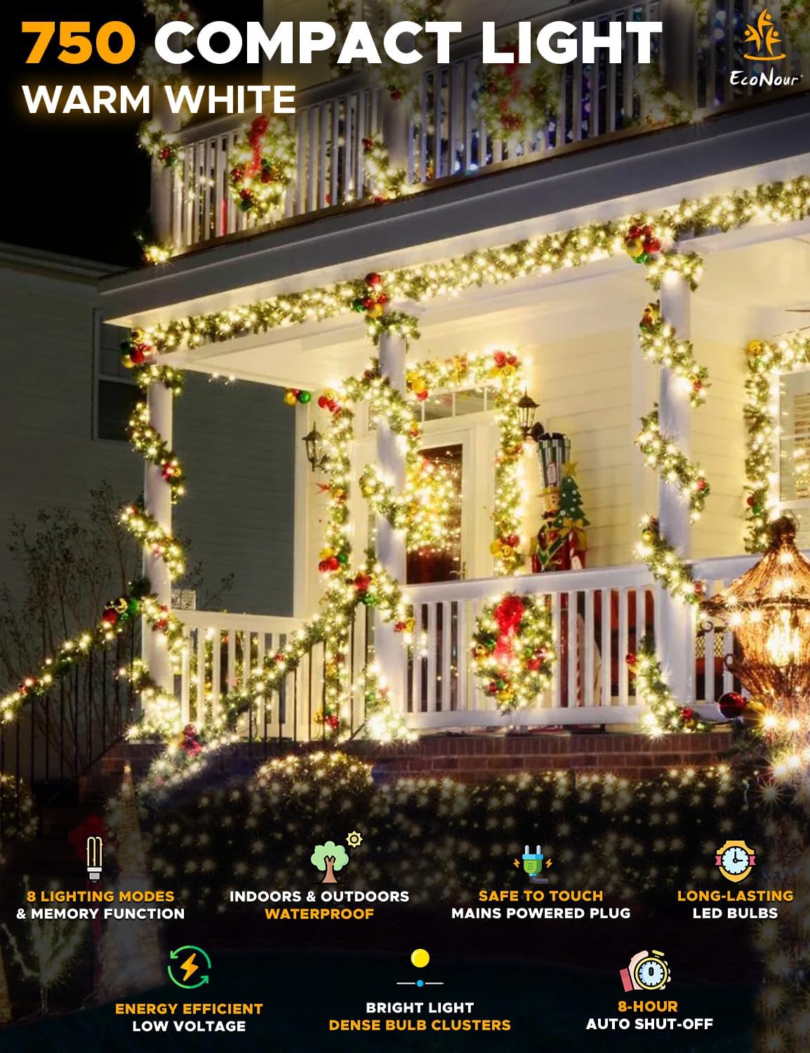EcoNour Christmas Tree Lights, Cluster Compact 750 LED Warm White | 8 Hrs On Timer, 8 Light Mode, 2.5cm Bulb Distance Fairy String Lights Plug in - Timer and Memory Functions -Outdoor/Indoor Use